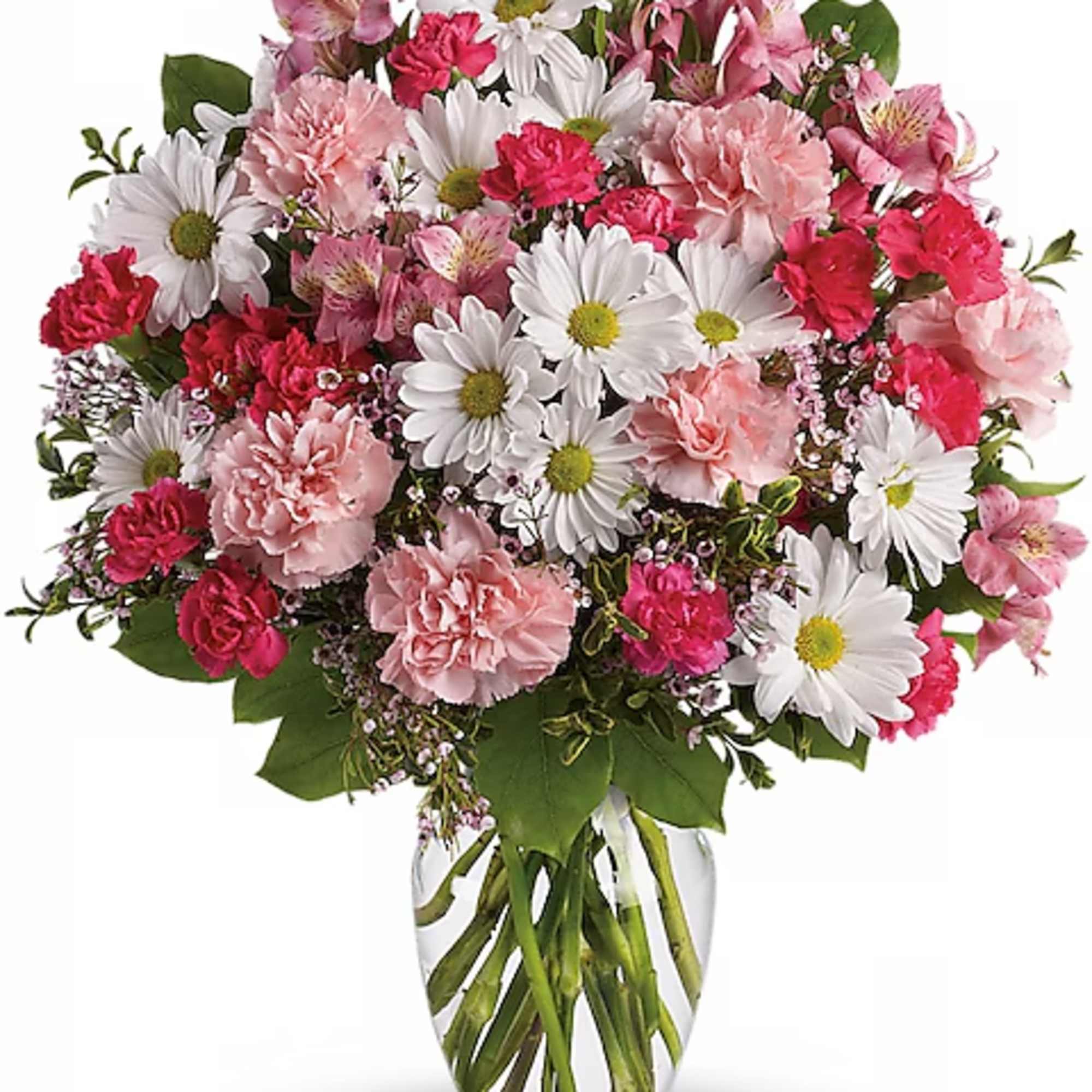 Pink and white mixed bouquet in a clear glass vase