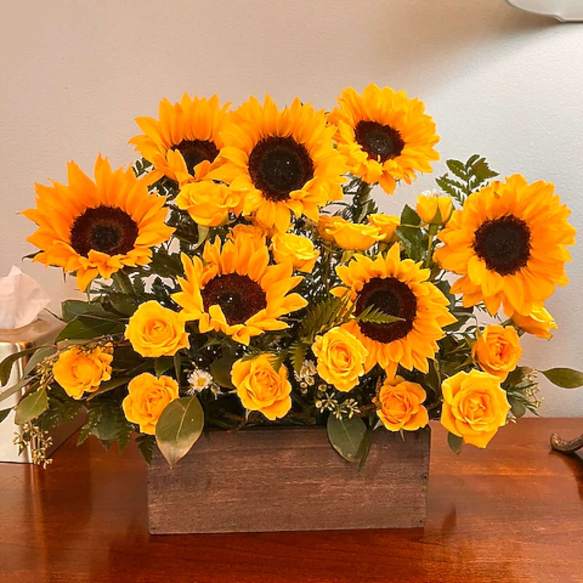 Sunflower and yellow rose arrangement in a rectangular wooden box