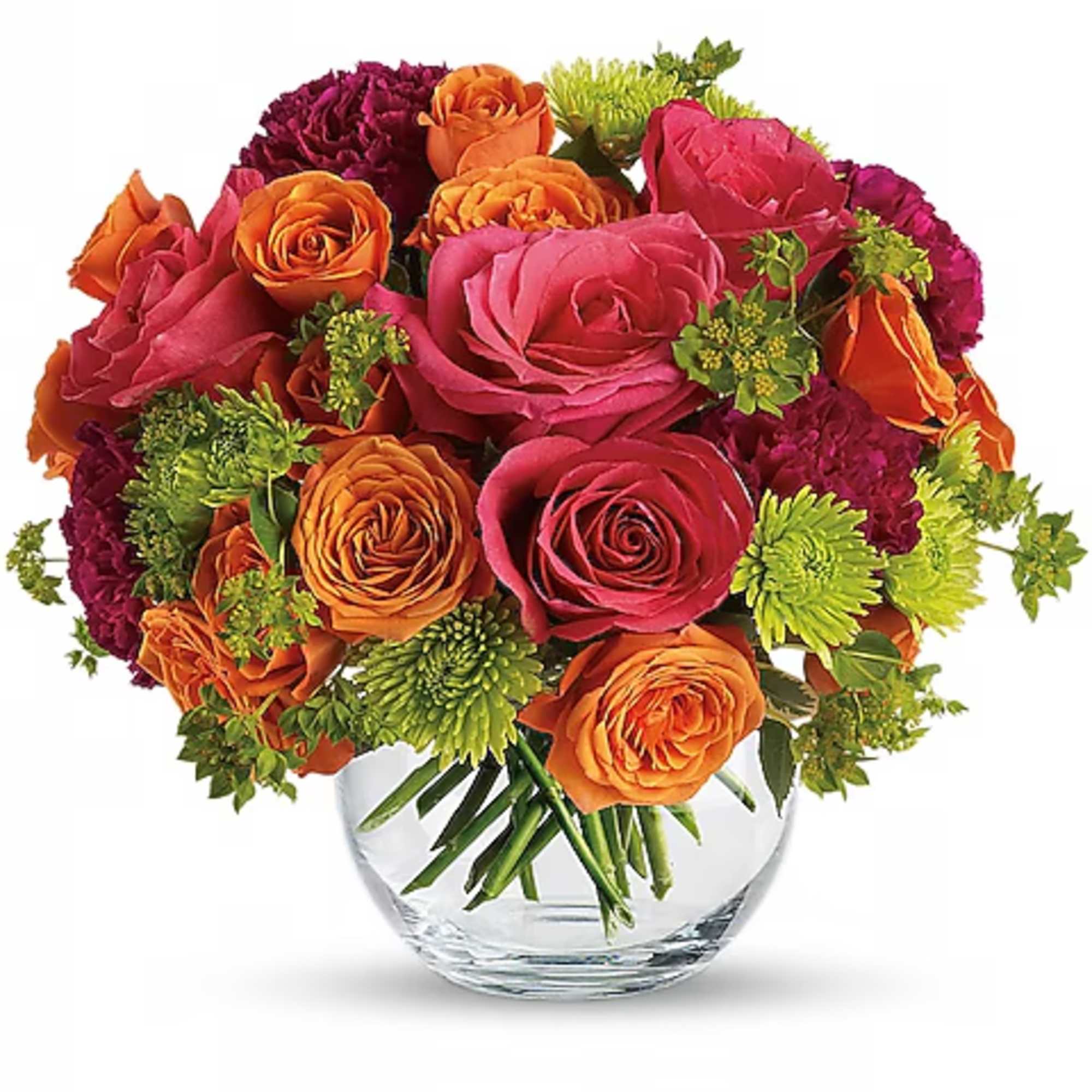 Bouquet of pink, orange, and purple roses in a clear glass vase