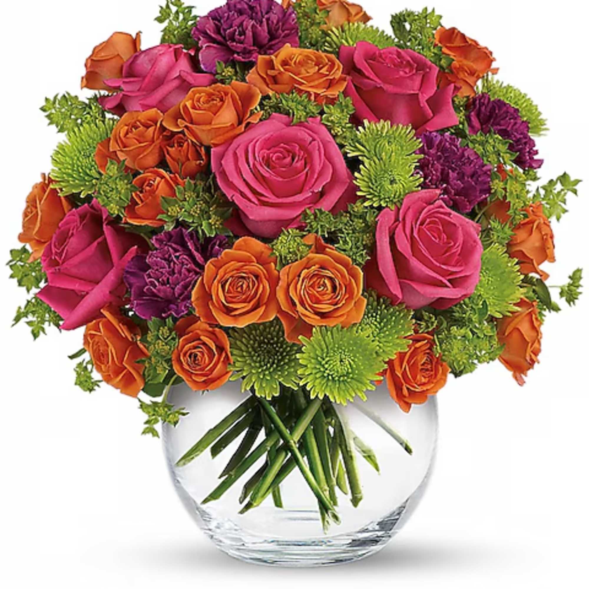 Bouquet of pink, orange, and purple roses in a clear glass vase