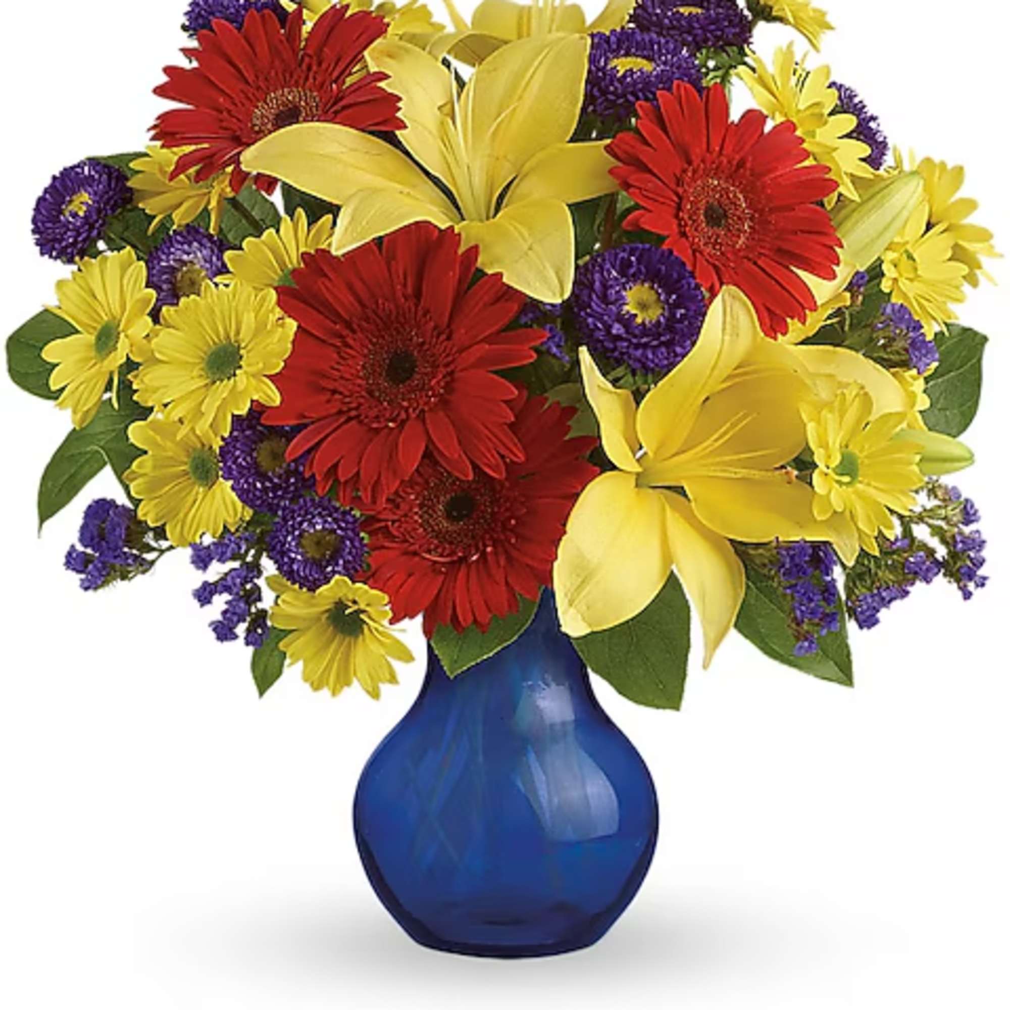 Bouquet of red, yellow, and purple flowers in a blue vase