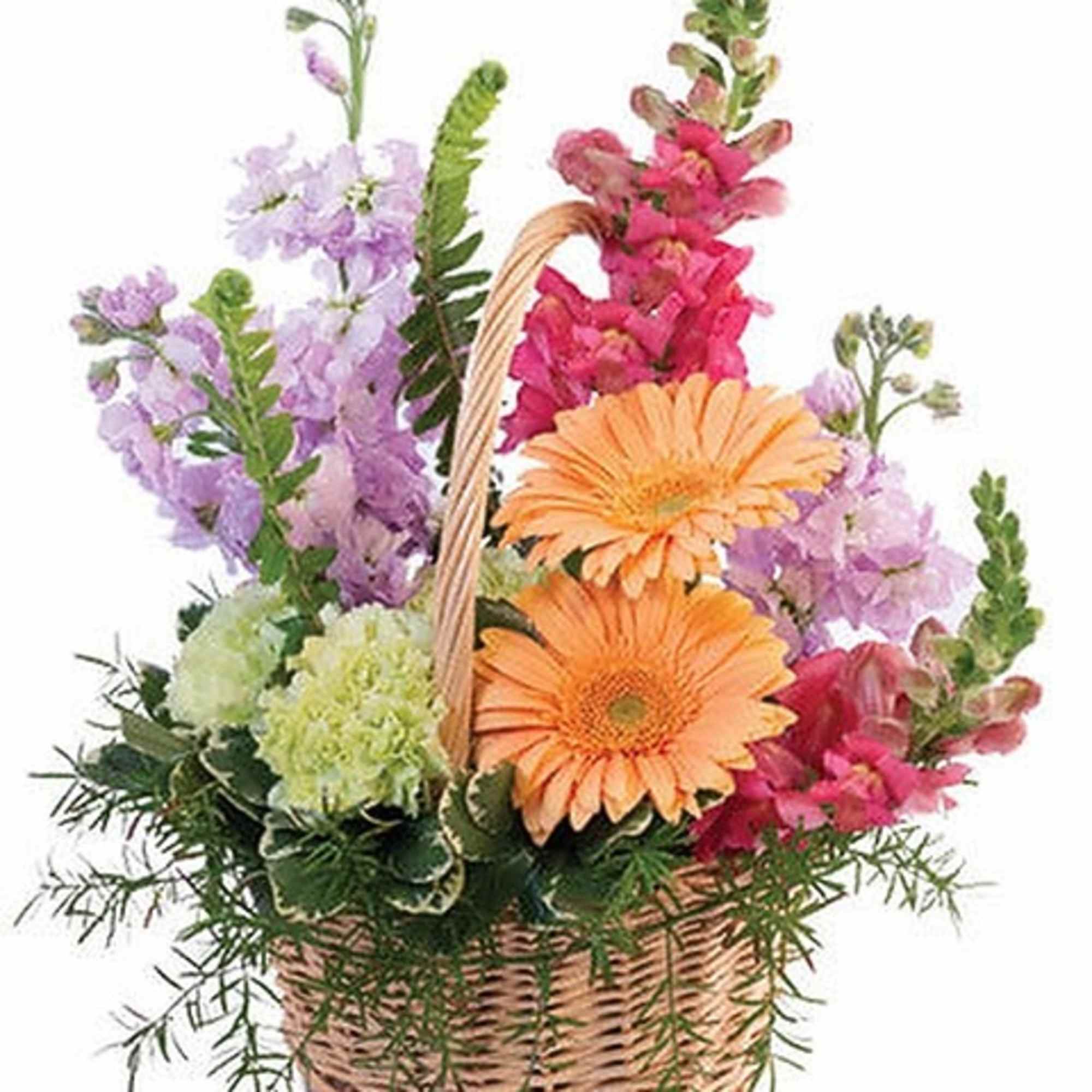 Basket arrangement with orange gerbera daisies and pink and lavender flowers