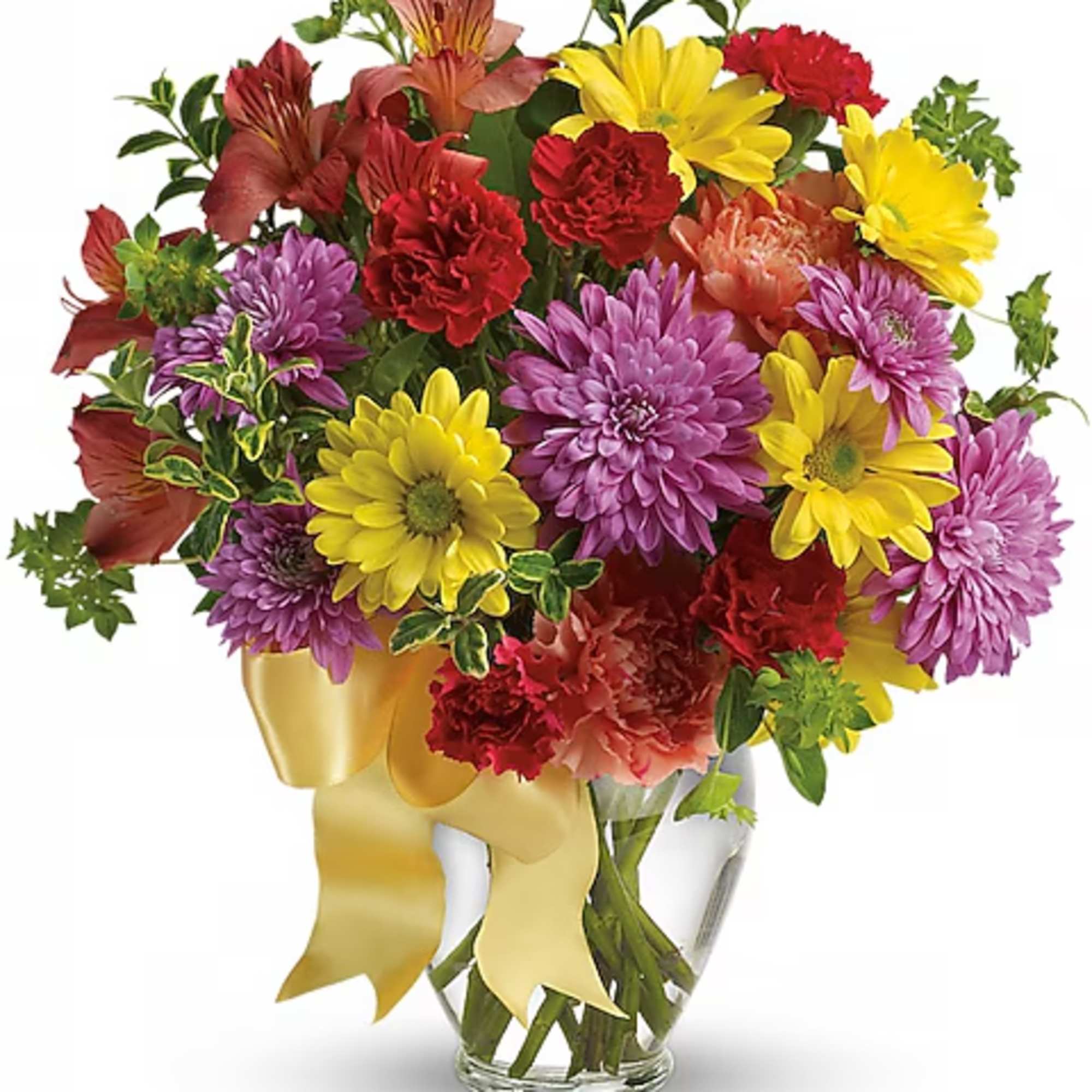 Mixed bouquet of yellow, purple, and red flowers in a glass vase with a yellow ribbon