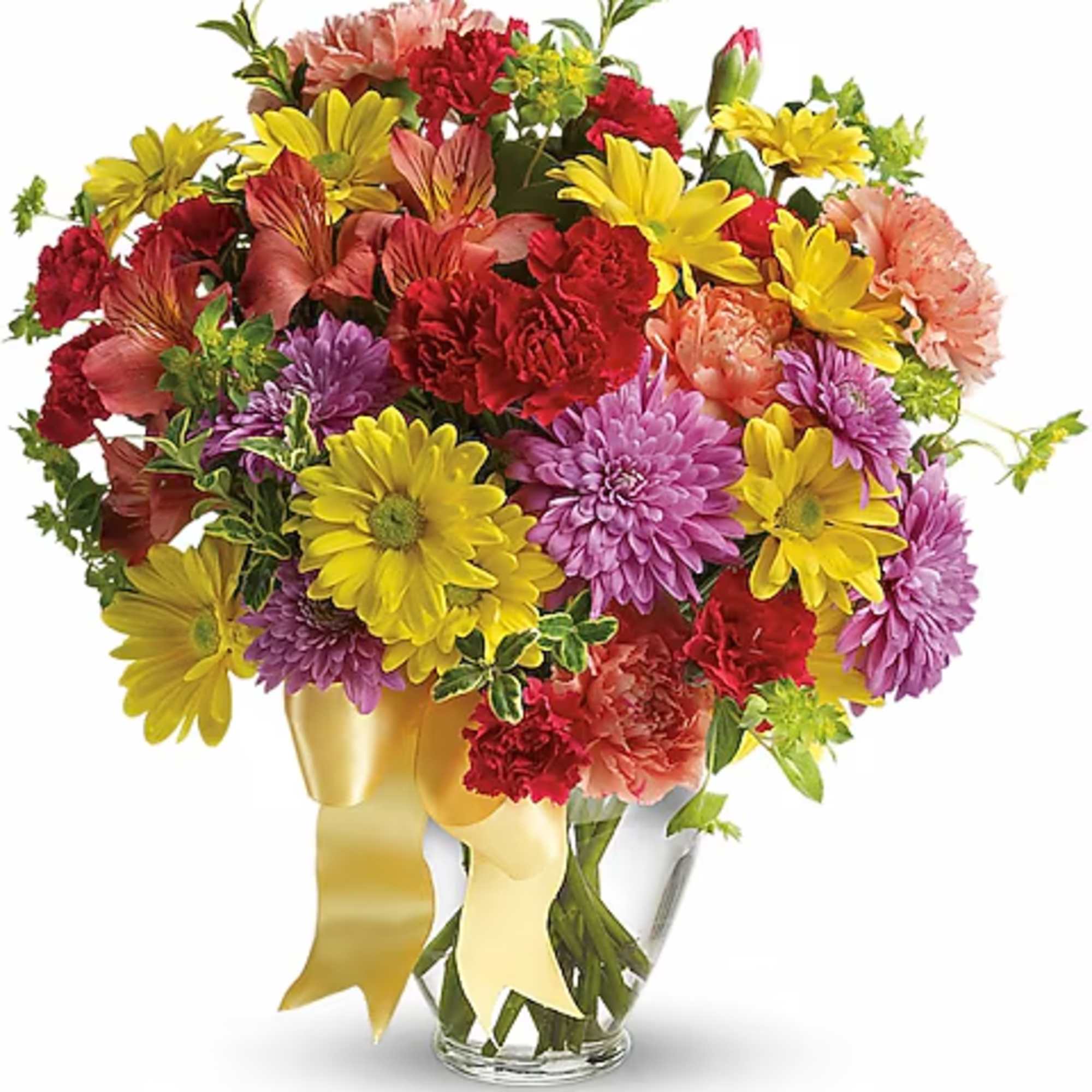 Colorful mixed bouquet in a clear glass vase with a yellow ribbon
