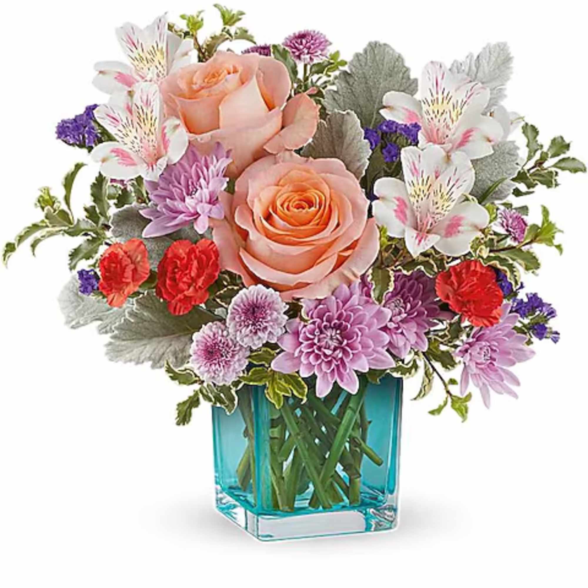 Bouquet of peach roses, white alstroemeria, and purple flowers in a blue glass vase