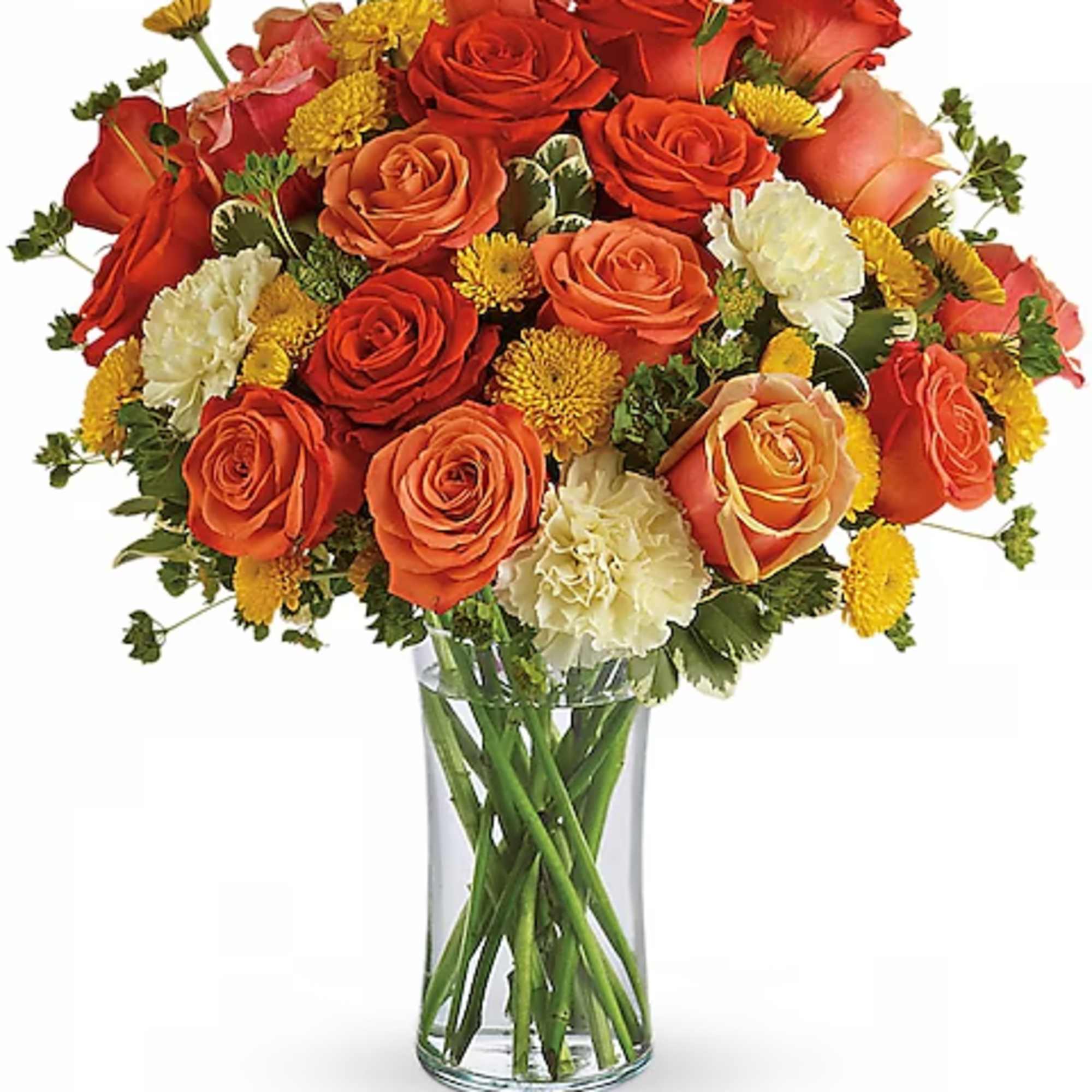 Orange and red roses with yellow and white flowers in a glass vase