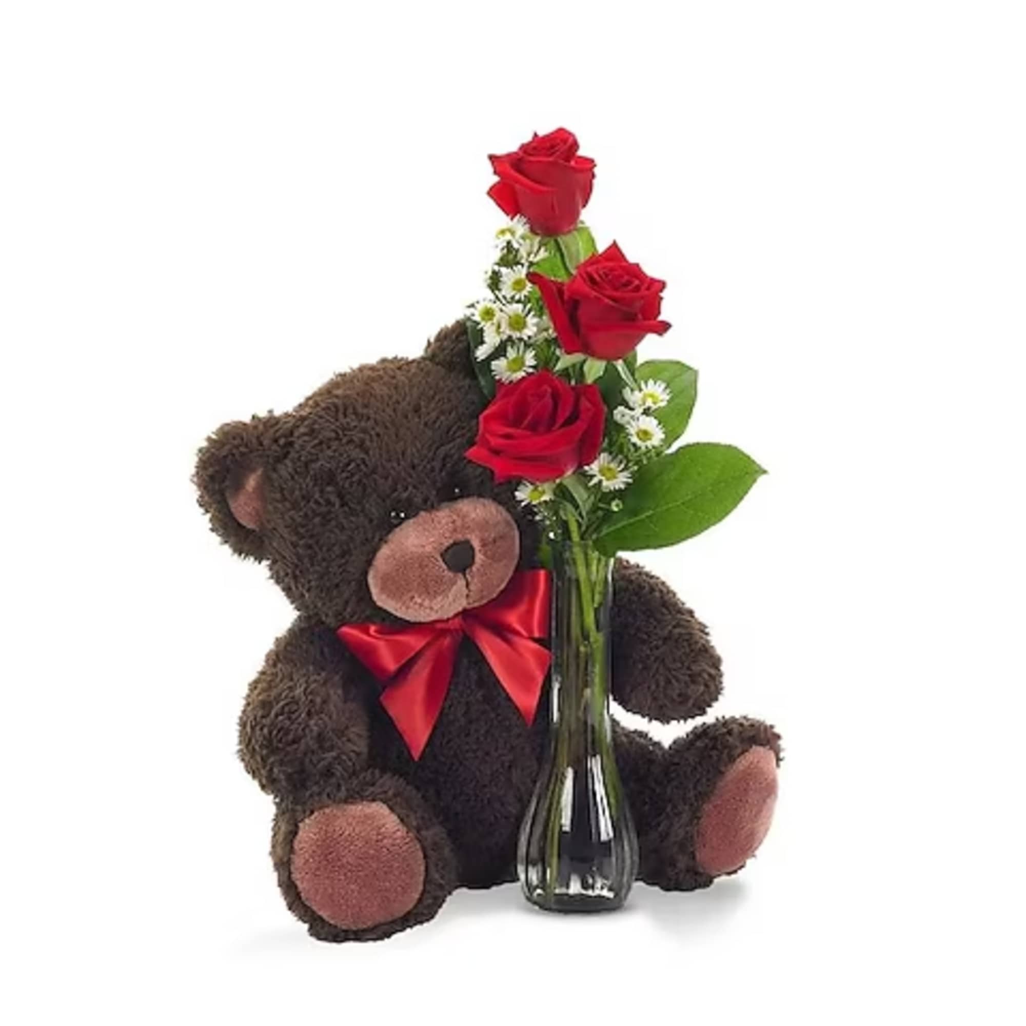 Teddy bear holding red roses in a glass vase