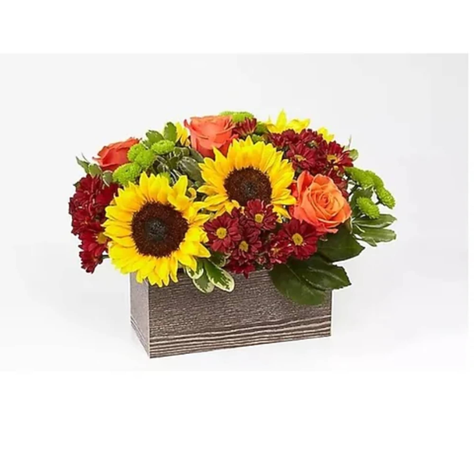 Sunflowers and orange roses in a rectangular wooden box