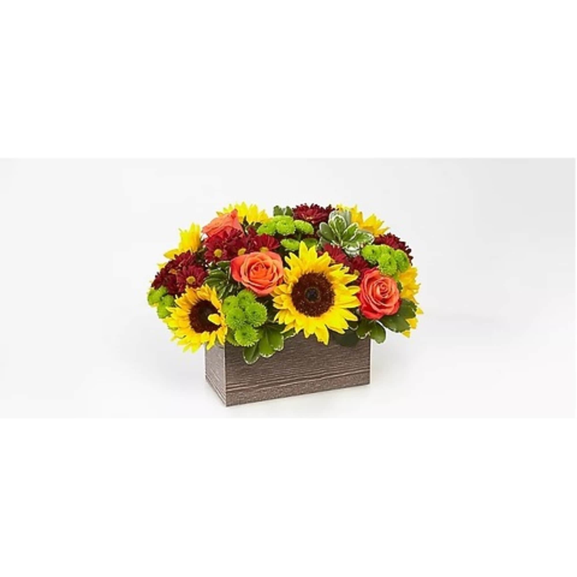 Sunflowers and orange roses in a rectangular wooden box