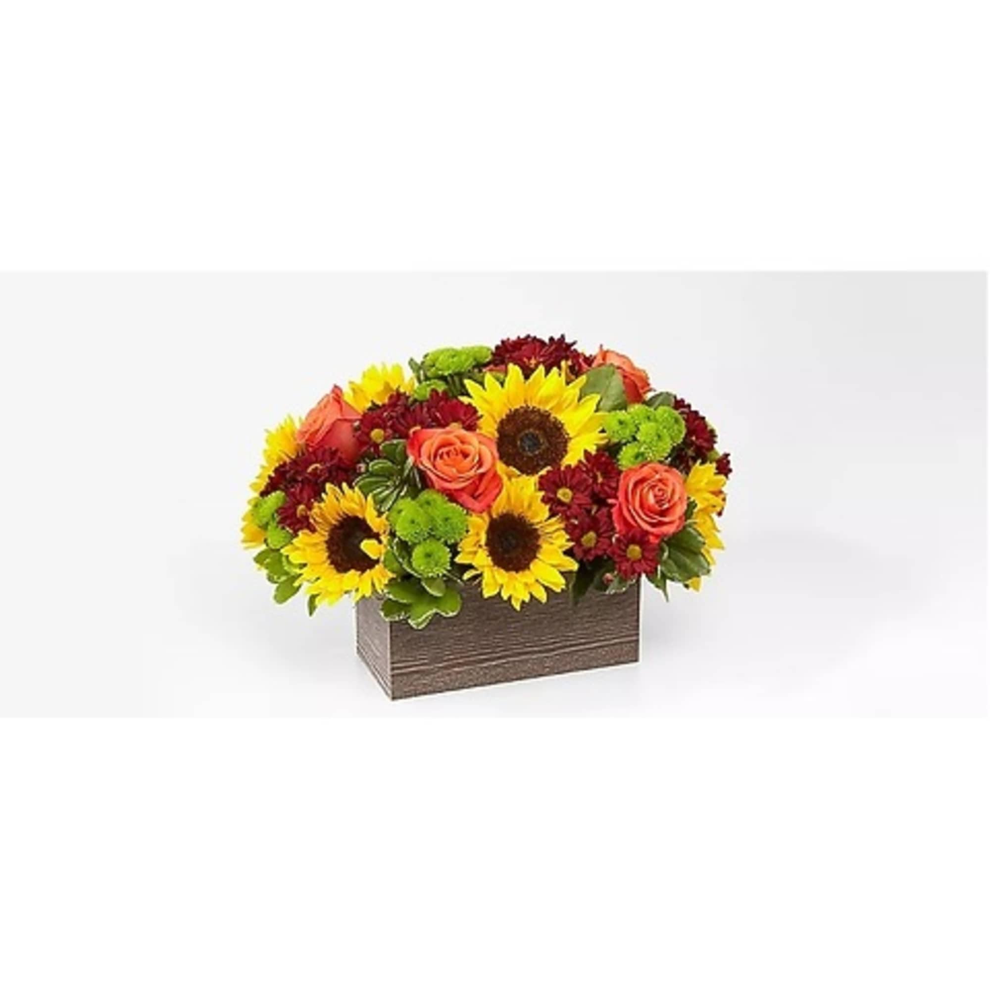 Sunflowers, roses, and red mums arranged in a wooden box