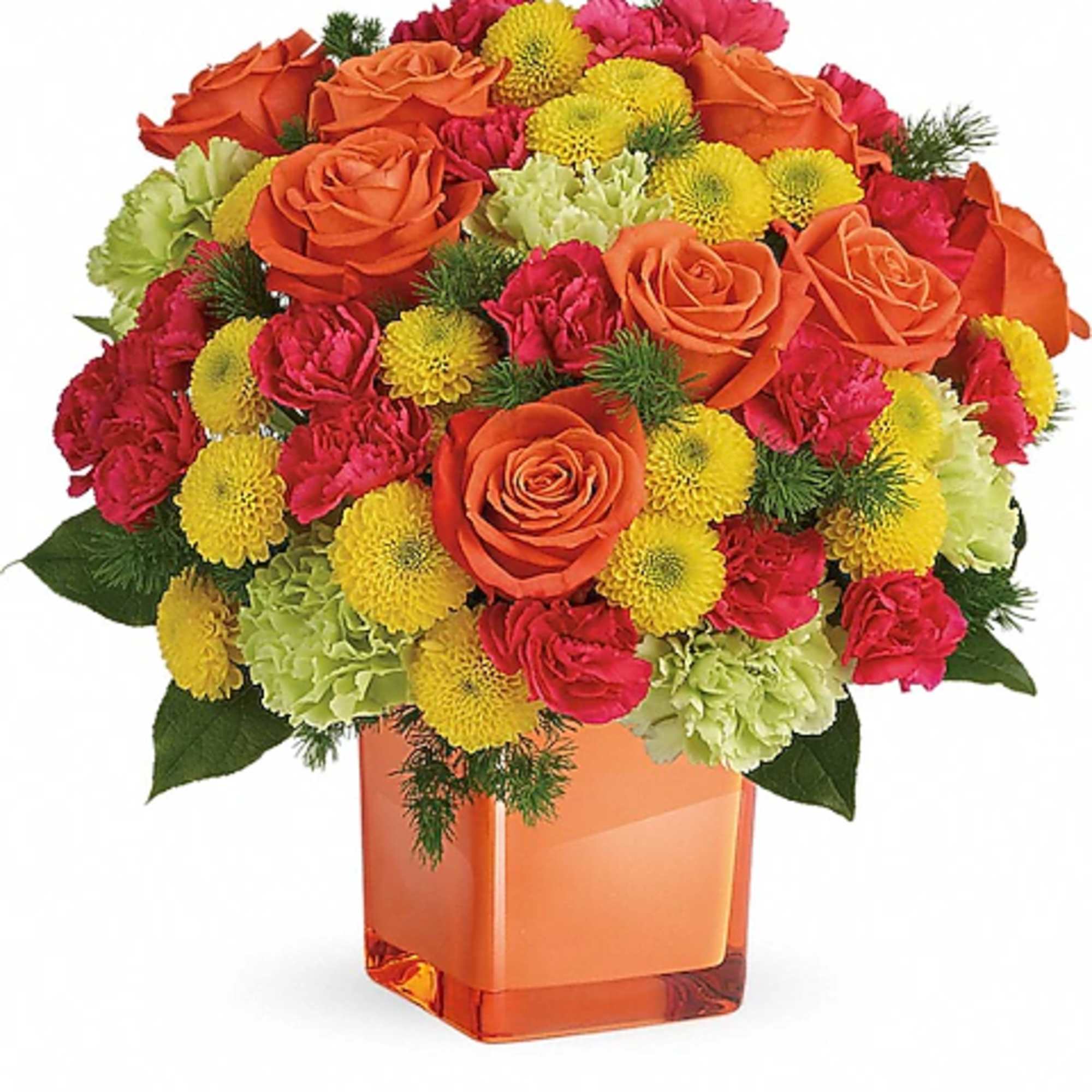 Orange roses and yellow pompons in an orange glass vase