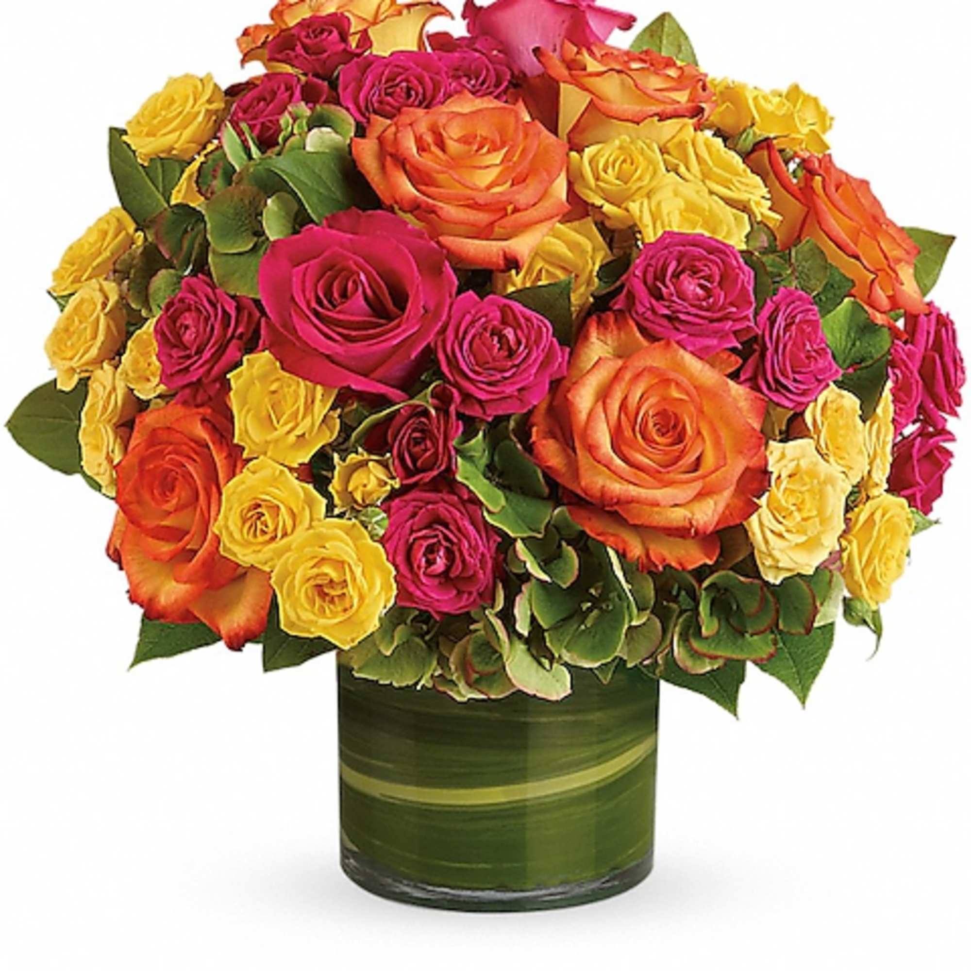 Bouquet of pink, orange, and yellow roses in a green glass vase