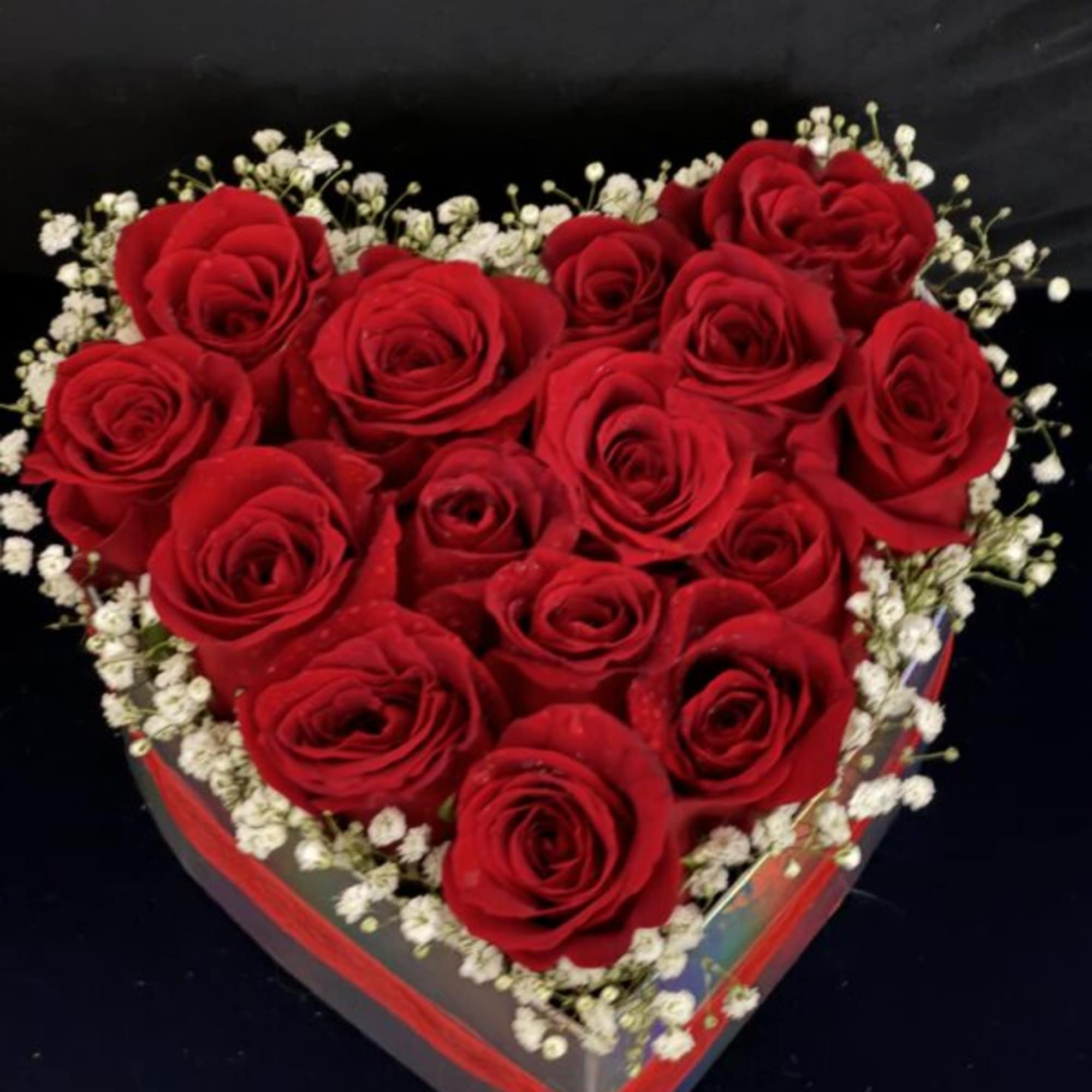 Heart-shaped box filled with red roses and white baby's breath, photo 2 of 2