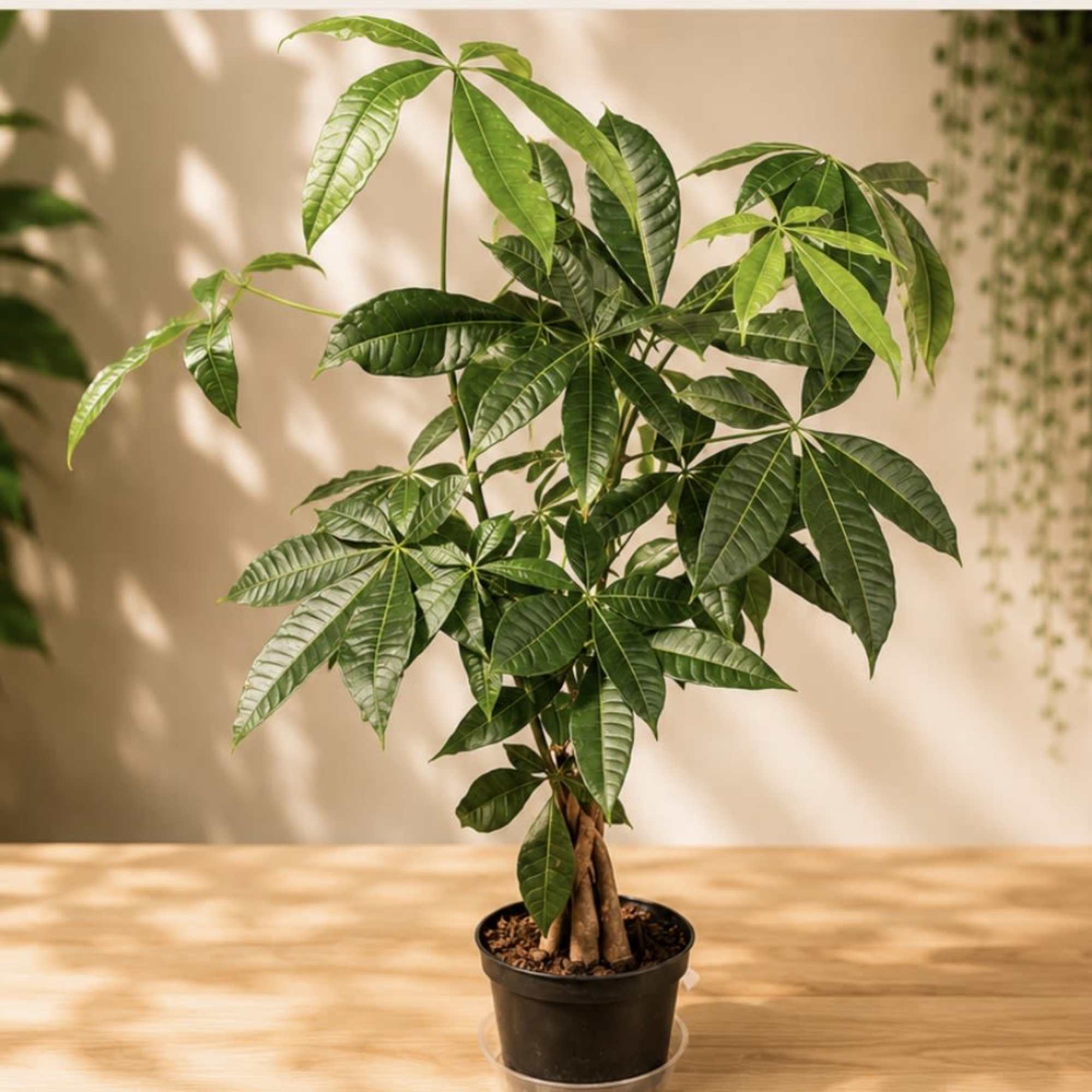 A beautiful Money Tree featuring a braided trunk and lush, glossy green