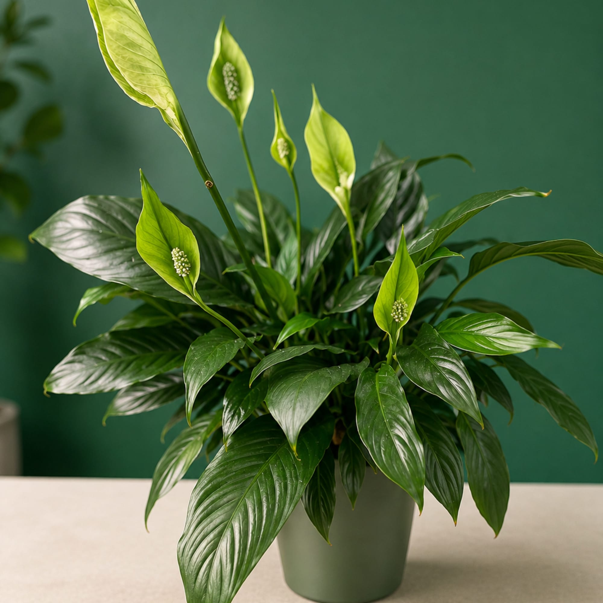 Potted peace lily plant with white blooms and glossy green leaves