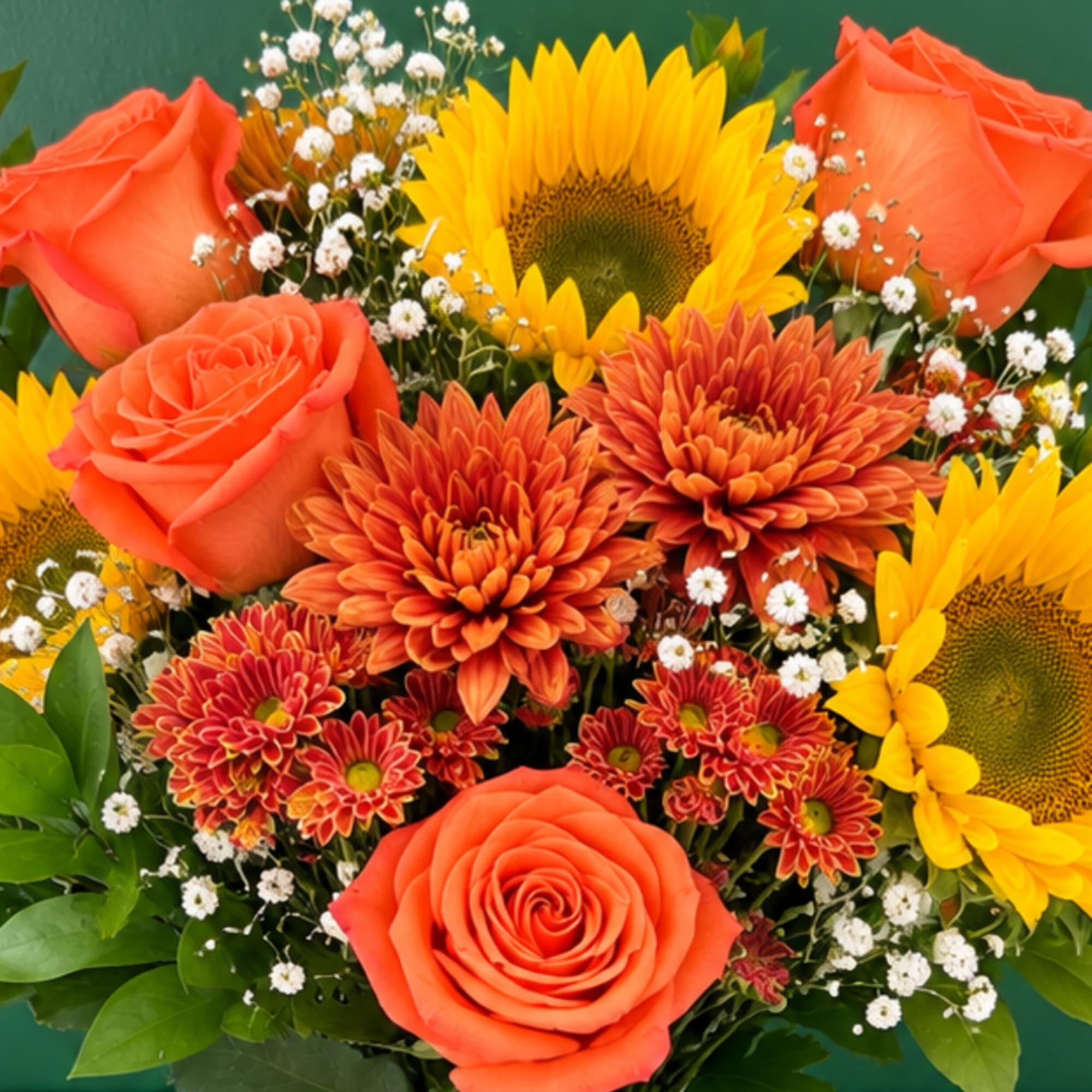 Orange roses and chrysanthemums with yellow sunflowers in a bouquet