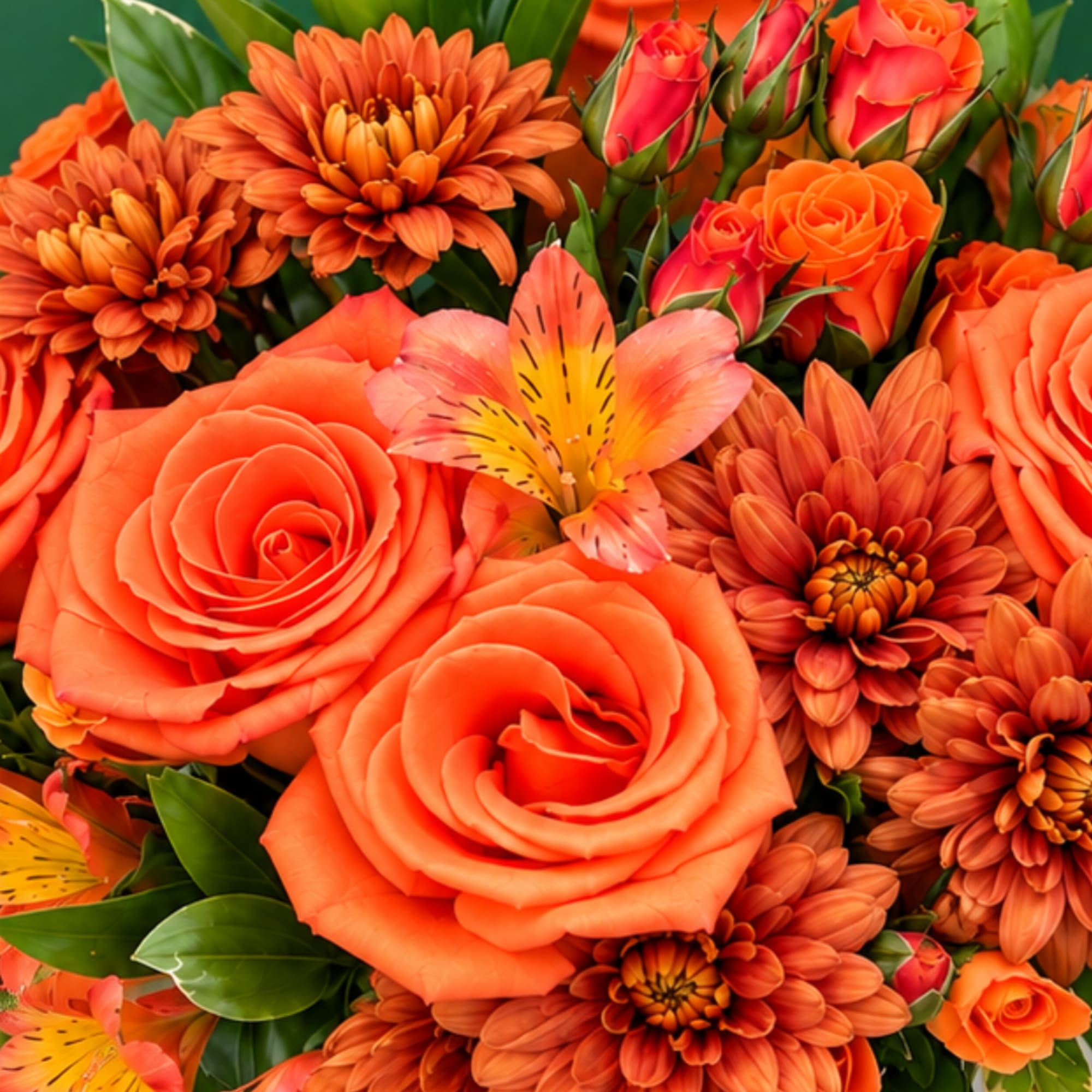 Orange roses and chrysanthemums with a yellow alstroemeria bloom