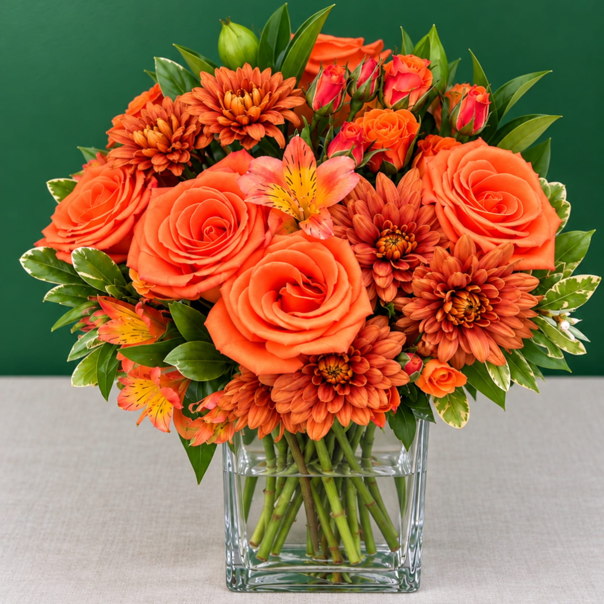 Orange roses and chrysanthemums in a clear glass vase