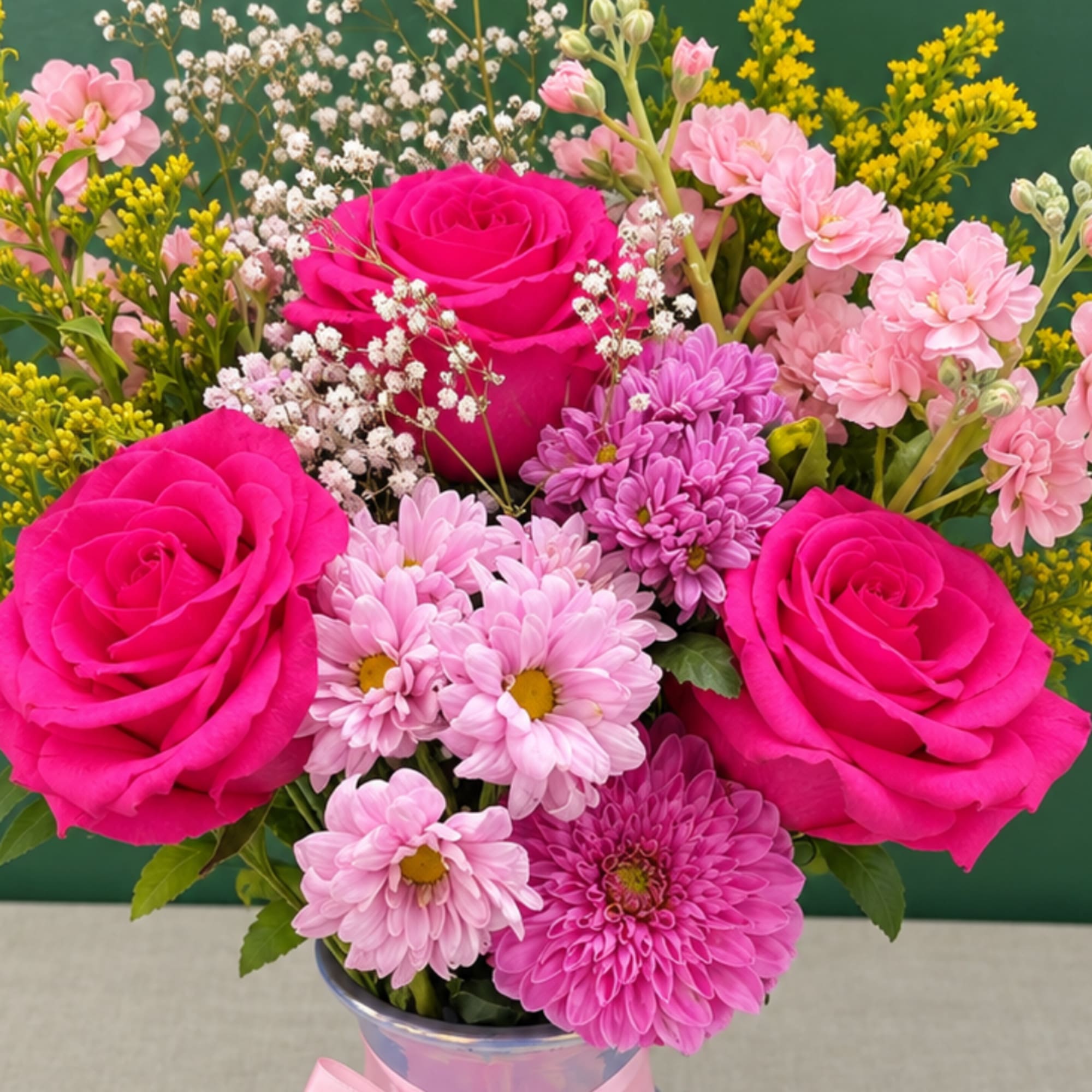 Pink roses and daisies arranged in a vase with yellow filler flowers