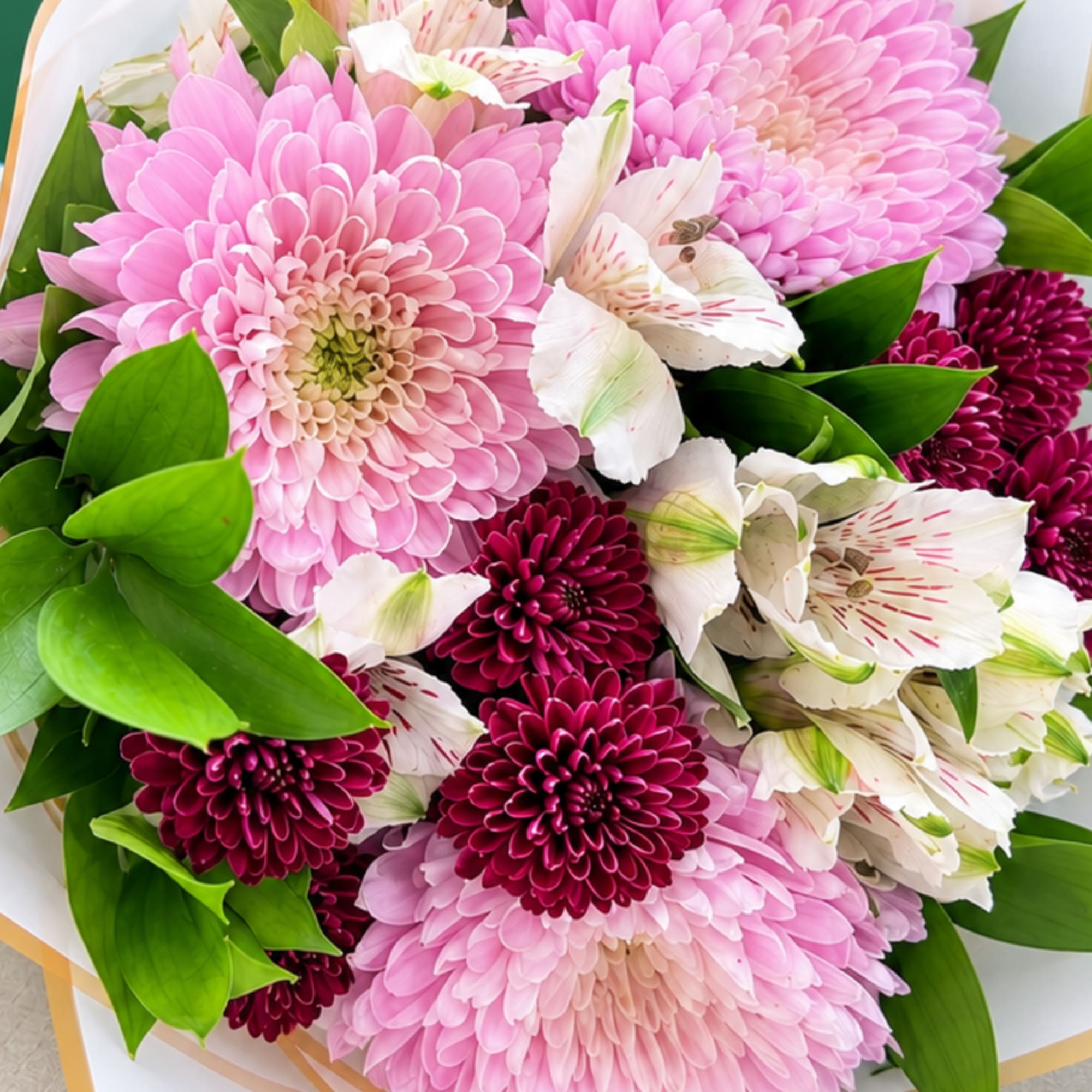 Bouquet of pink chrysanthemums and white alstroemeria with green leaves