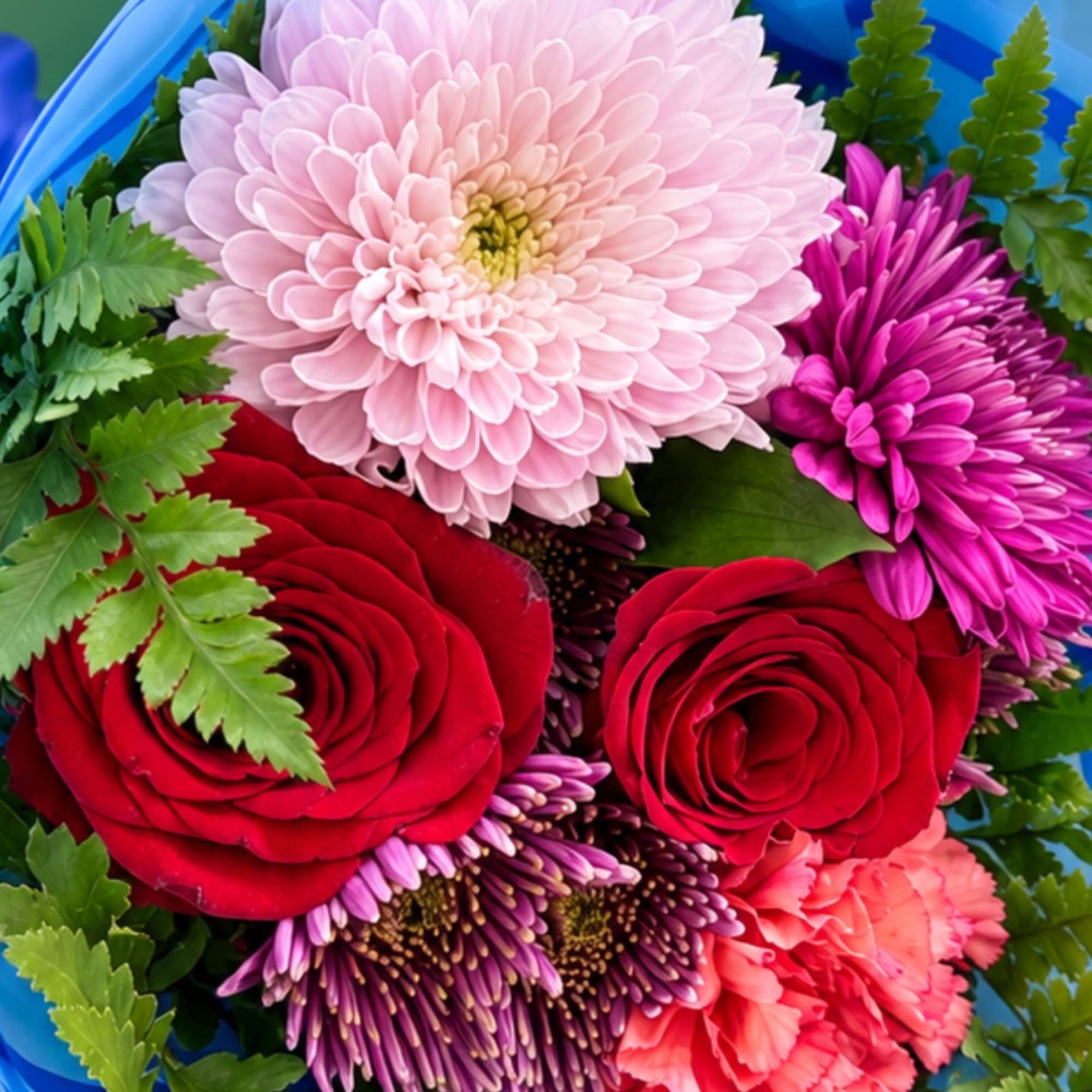 Bouquet of red roses, pink chrysanthemum, and carnations with greenery