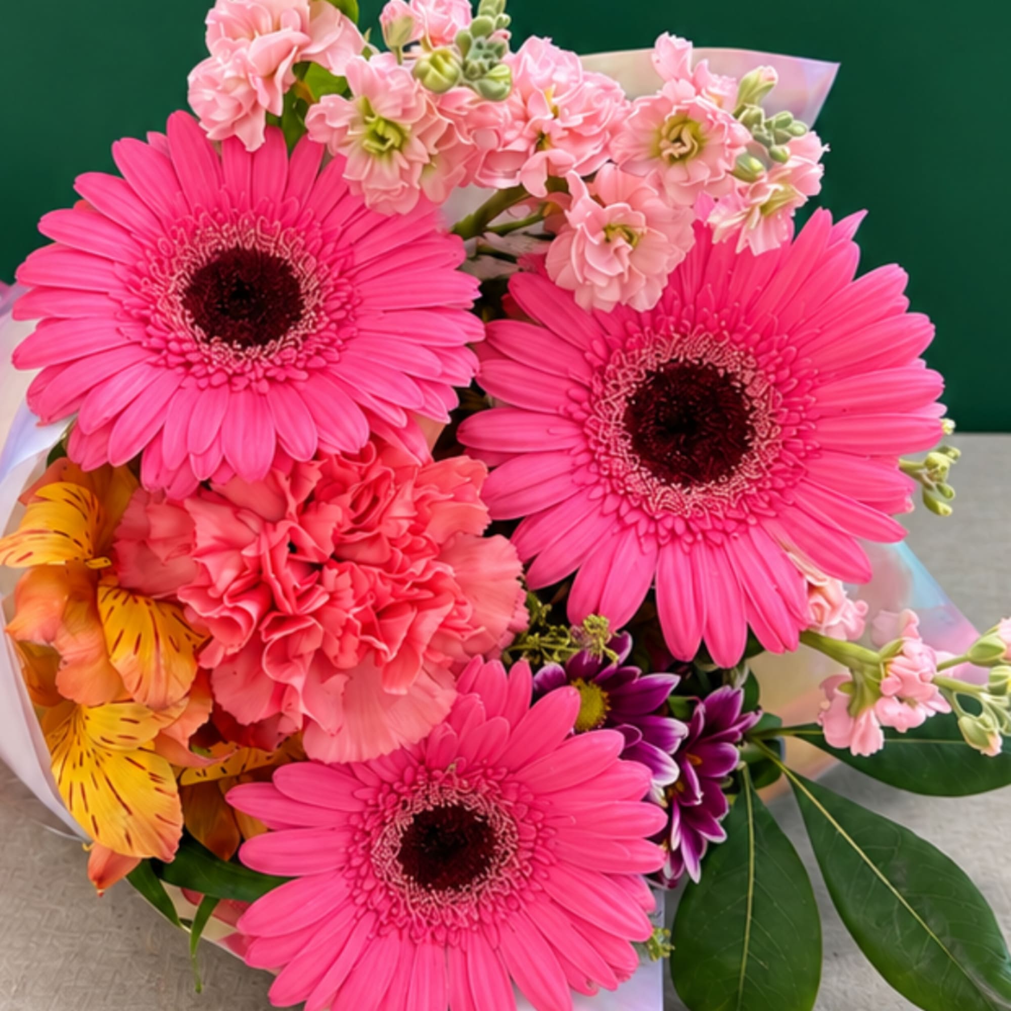 Bouquet of pink gerbera daisies, carnations, and mixed blooms