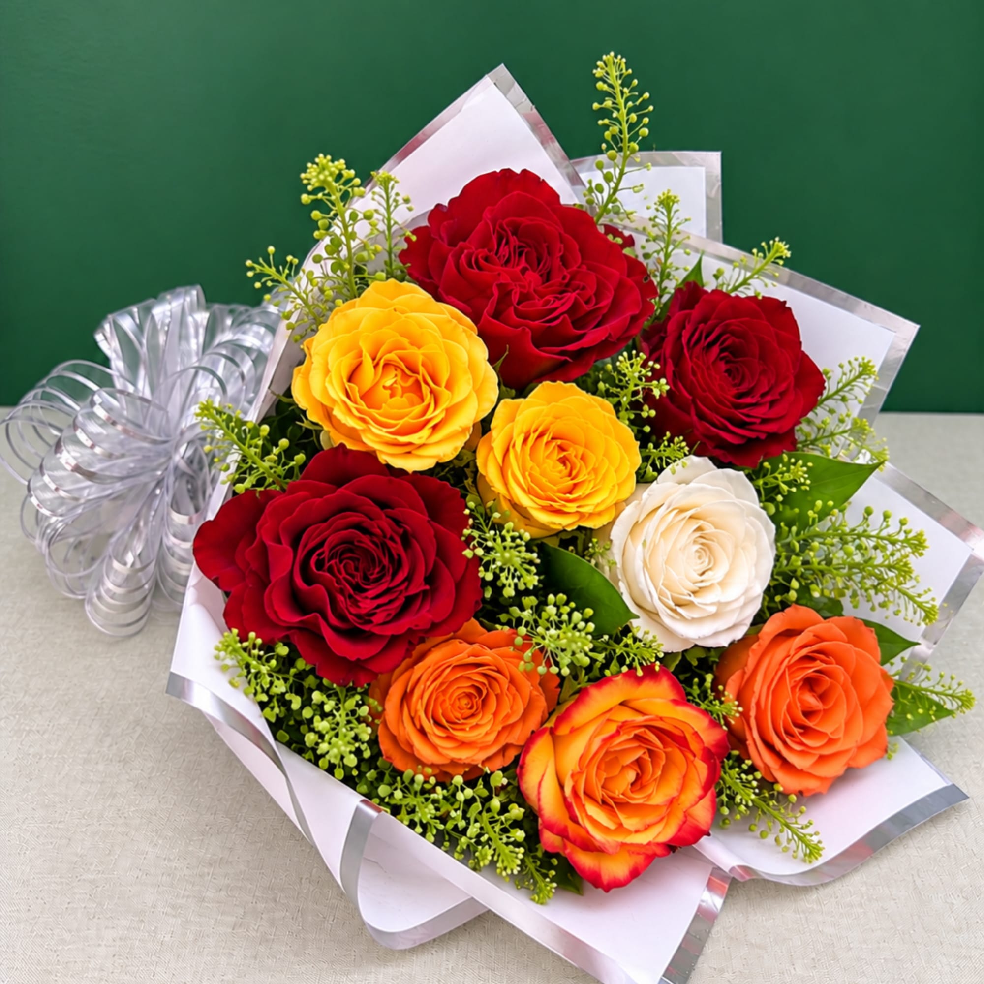 Bouquet of red, yellow, white, and orange roses wrapped in white paper