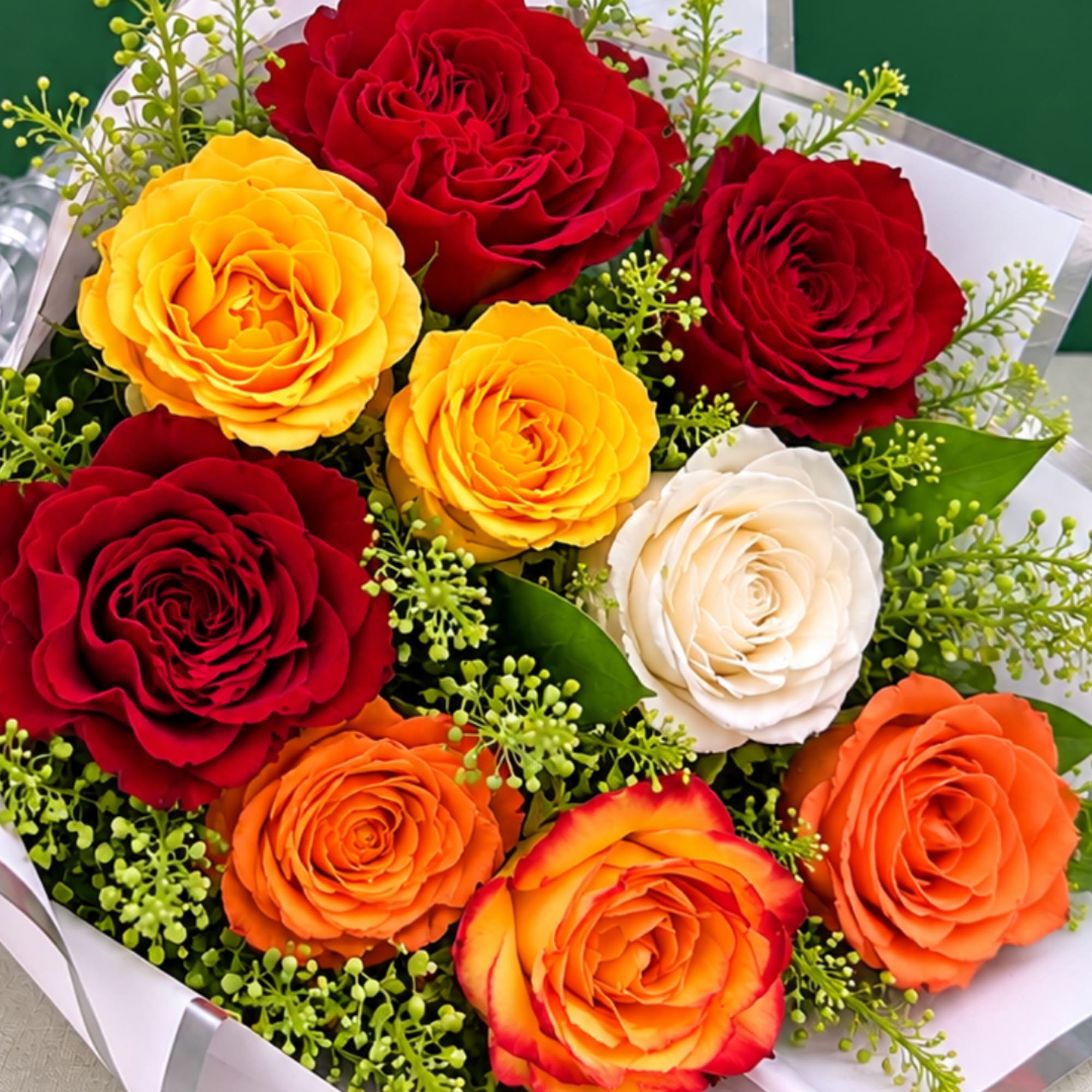 Bouquet of multicolored roses with green filler in white wrapping