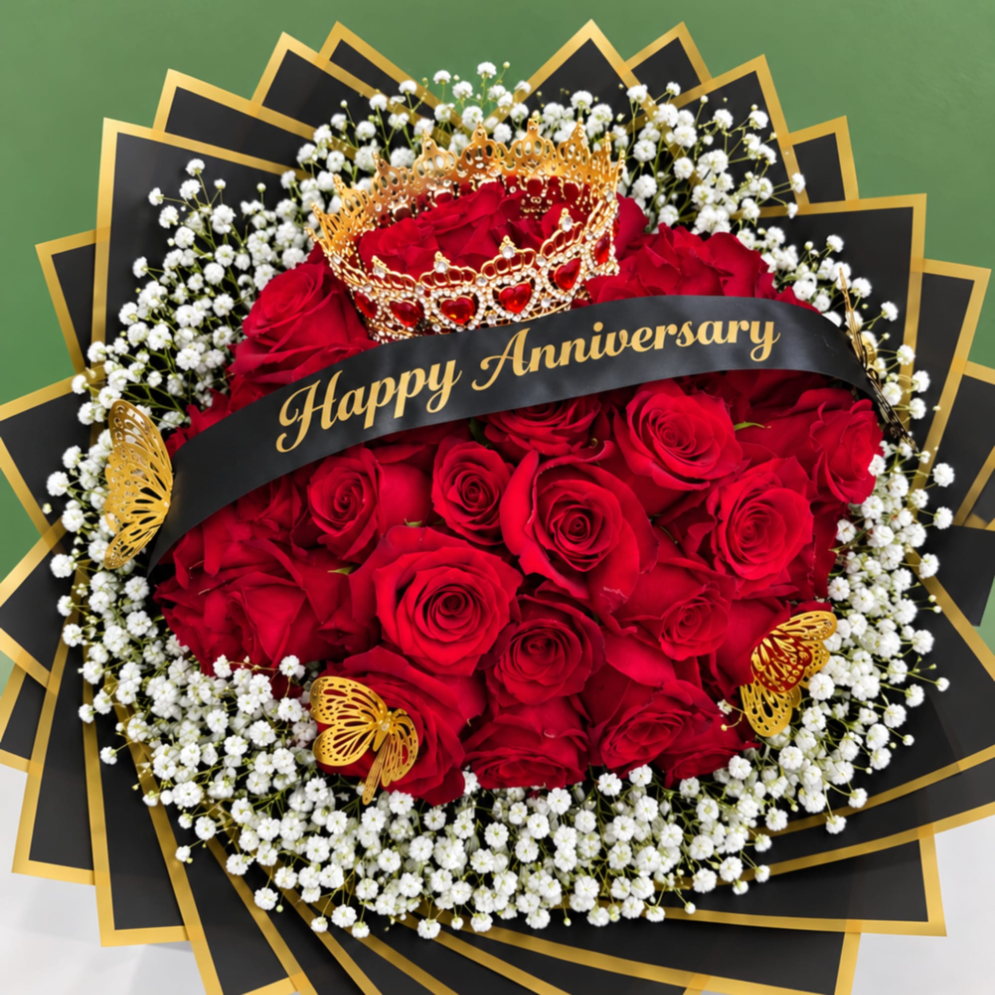 Red rose bouquet with white baby's breath and a gold anniversary ribbon