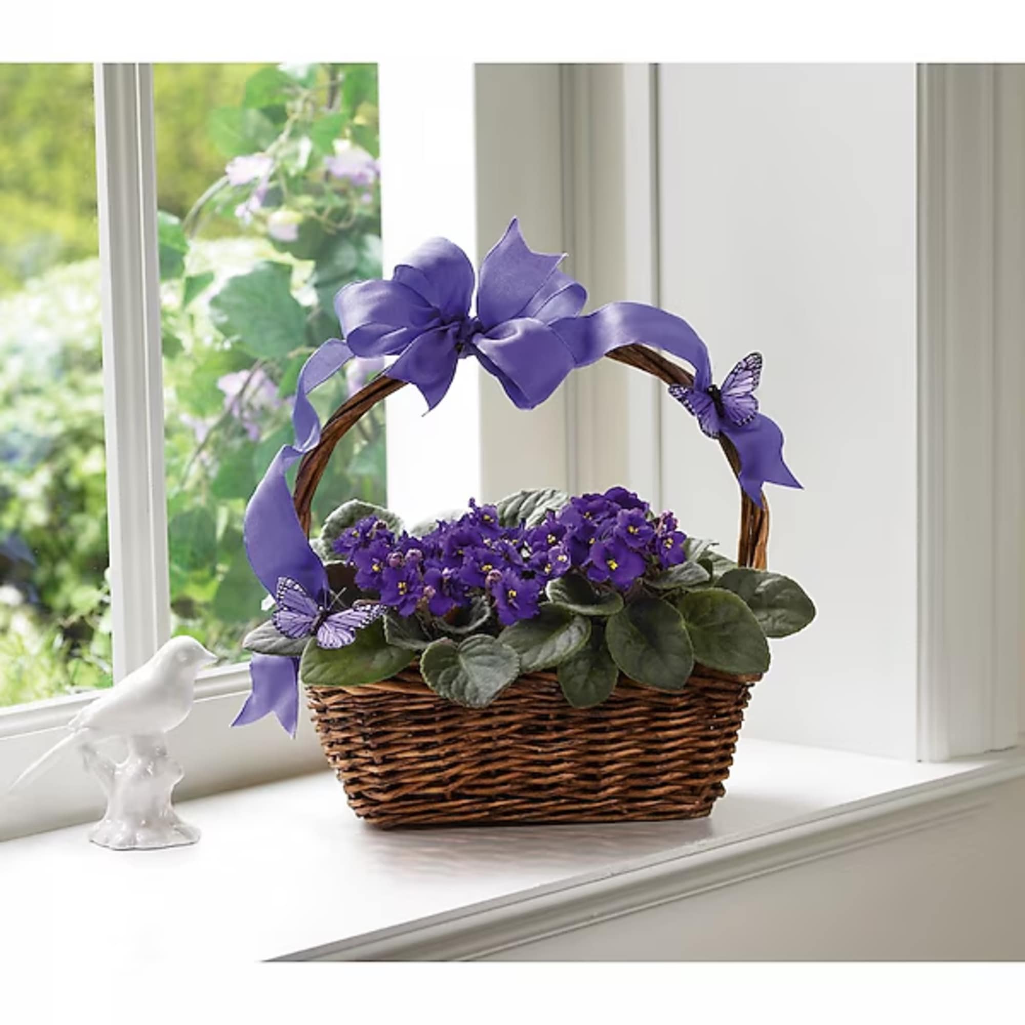 Purple flowering plant in a wicker basket with a ribbon bow