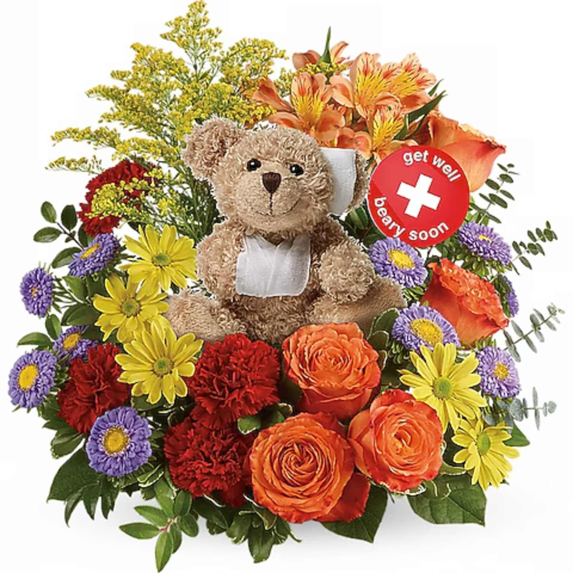 Teddy bear surrounded by colorful flowers with a get well sign