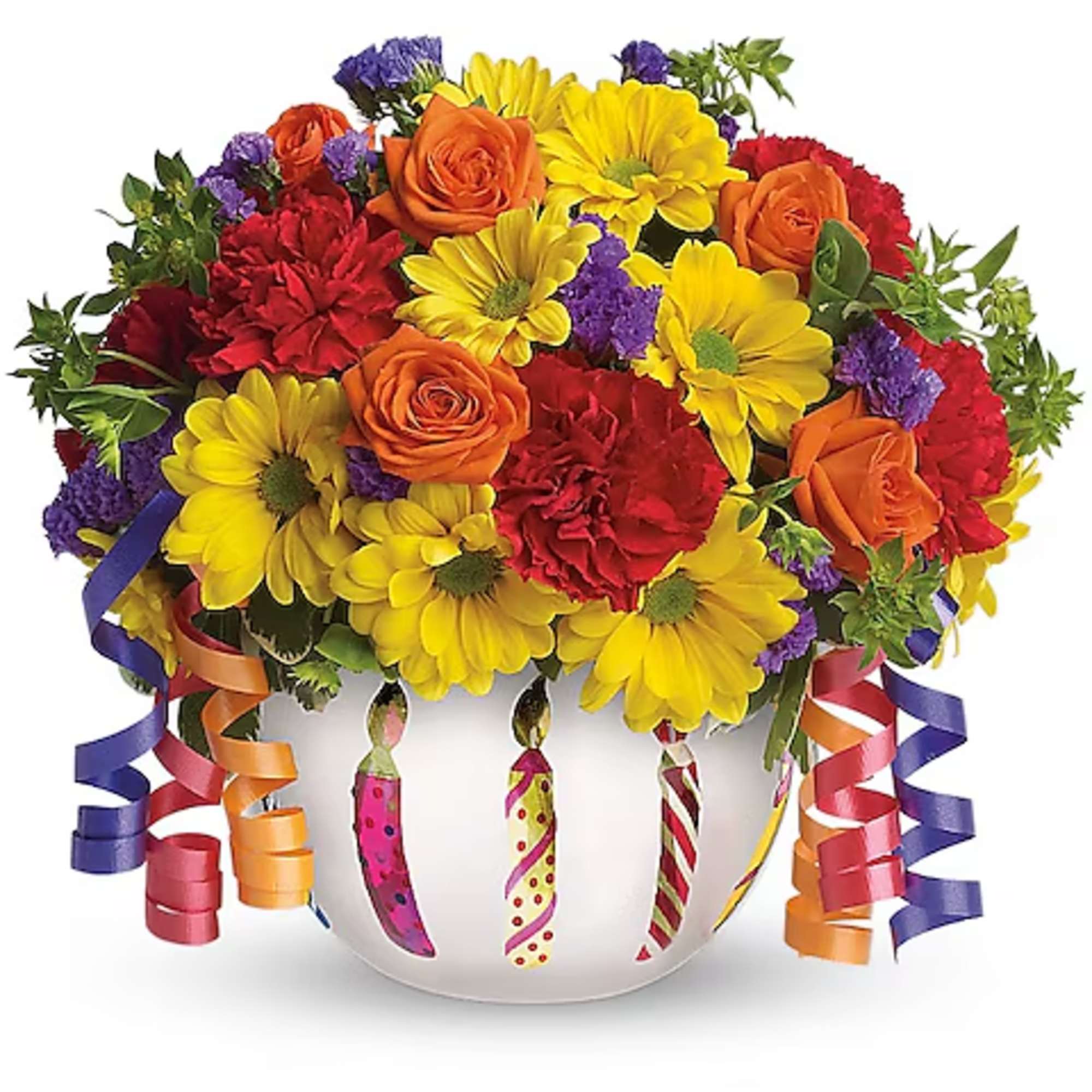Colorful bouquet of daisies, roses, and carnations in a white vase with ribbon curls