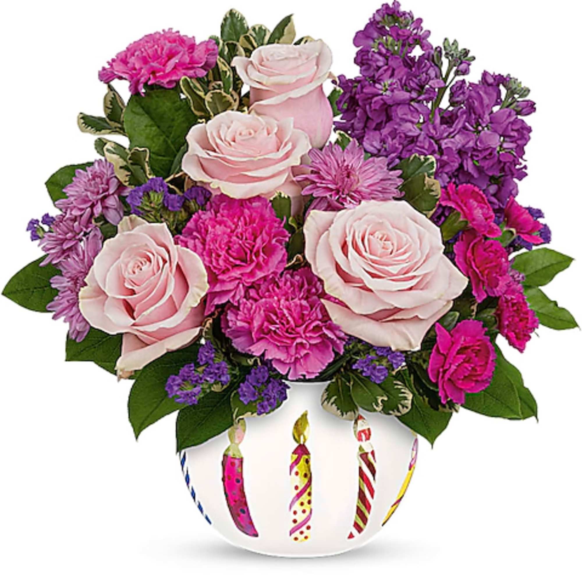 Pink and purple flower arrangement in a decorated white vase