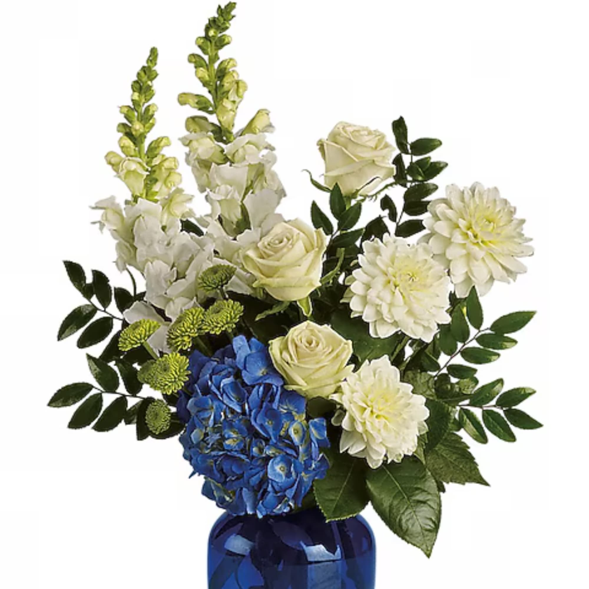 White flowers and blue hydrangea in a cobalt vase