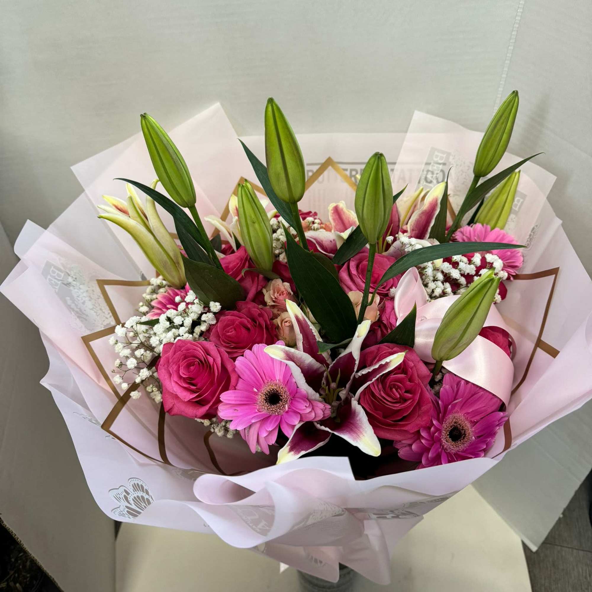 Thinking of people who love the color pink, this beautiful bouquet was