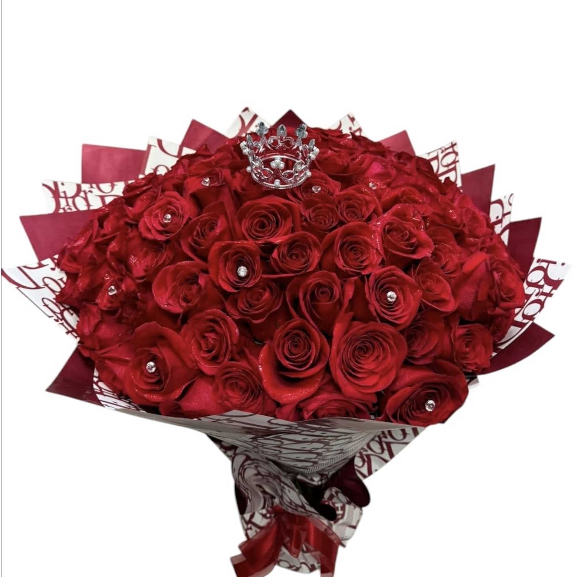 In this bouquet of 100 red roses, romance overflows like a river, photo 2 of 3