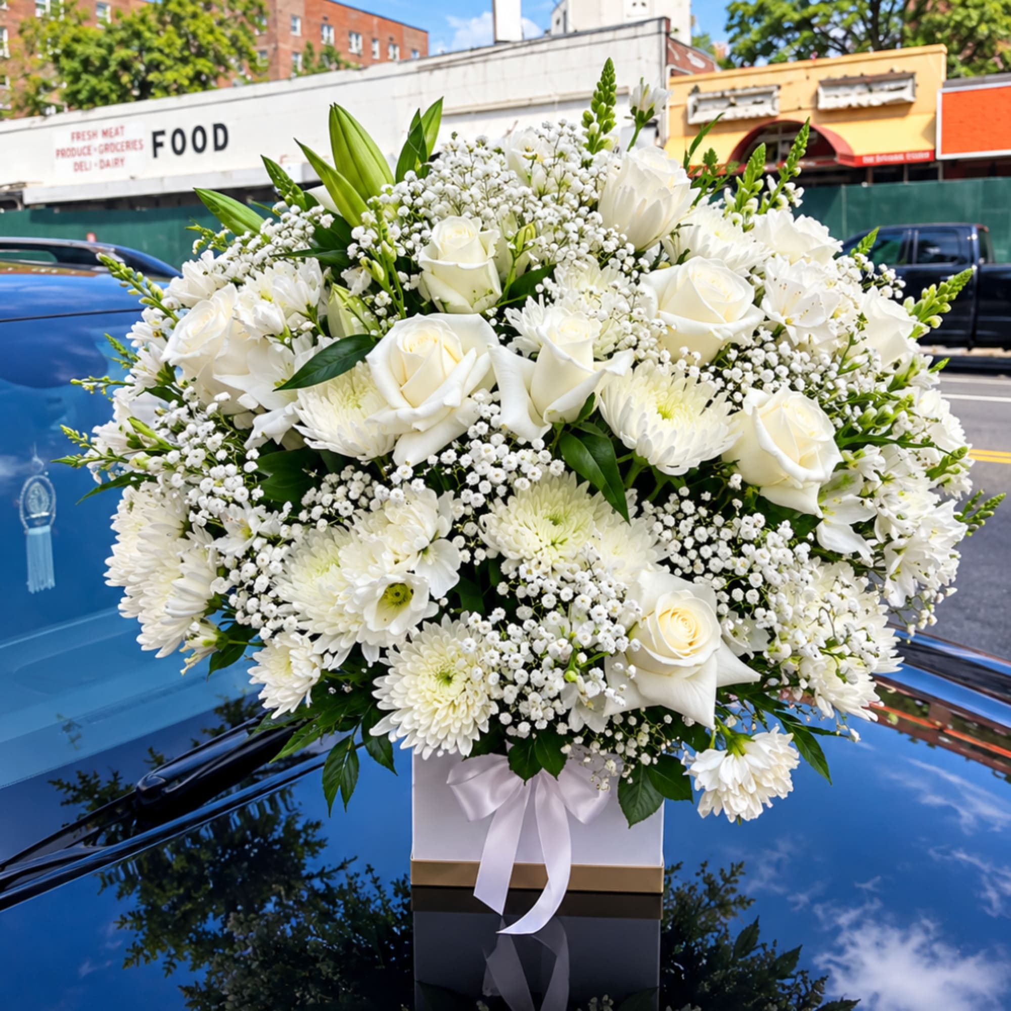 White rose and chrysanthemum arrangement in a white gift box with ribbon