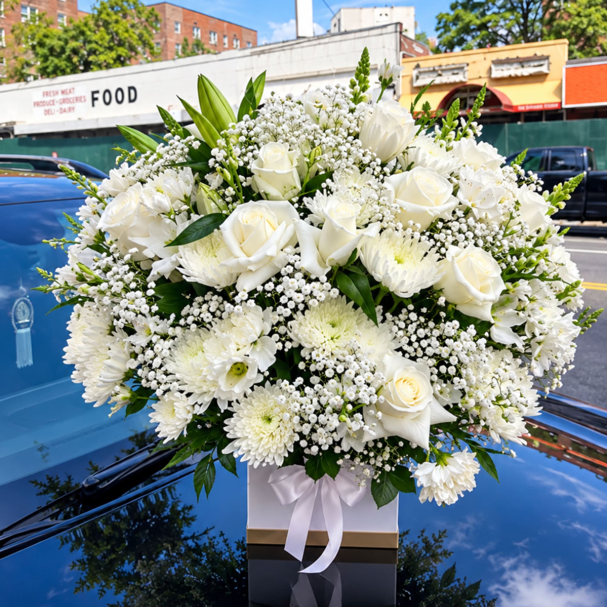 White floral arrangement in a square box with roses and chrysanthemums