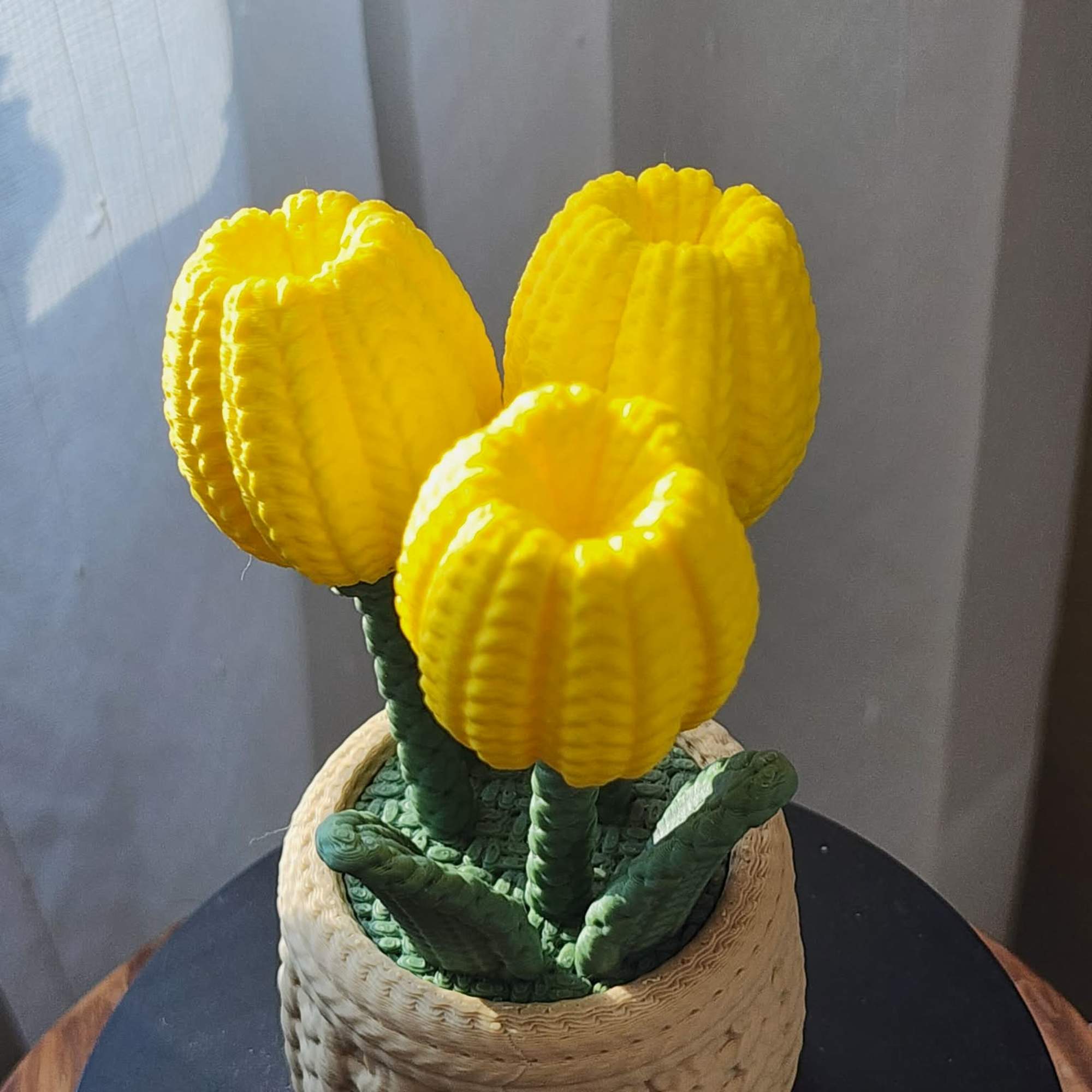 Three yellow tulip-like flowers in a woven pot