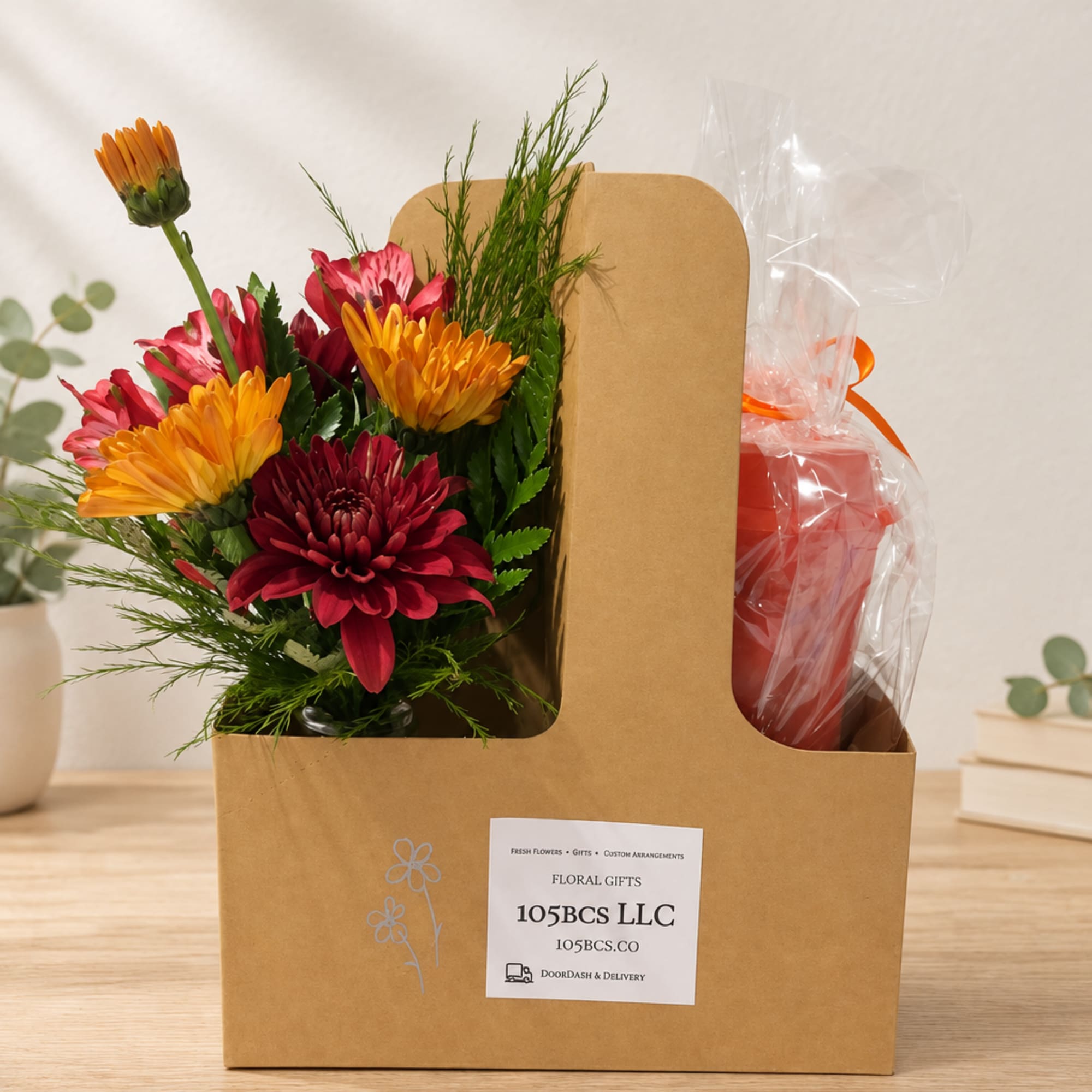 Mixed flower arrangement in a cardboard gift carrier with a wrapped candle.