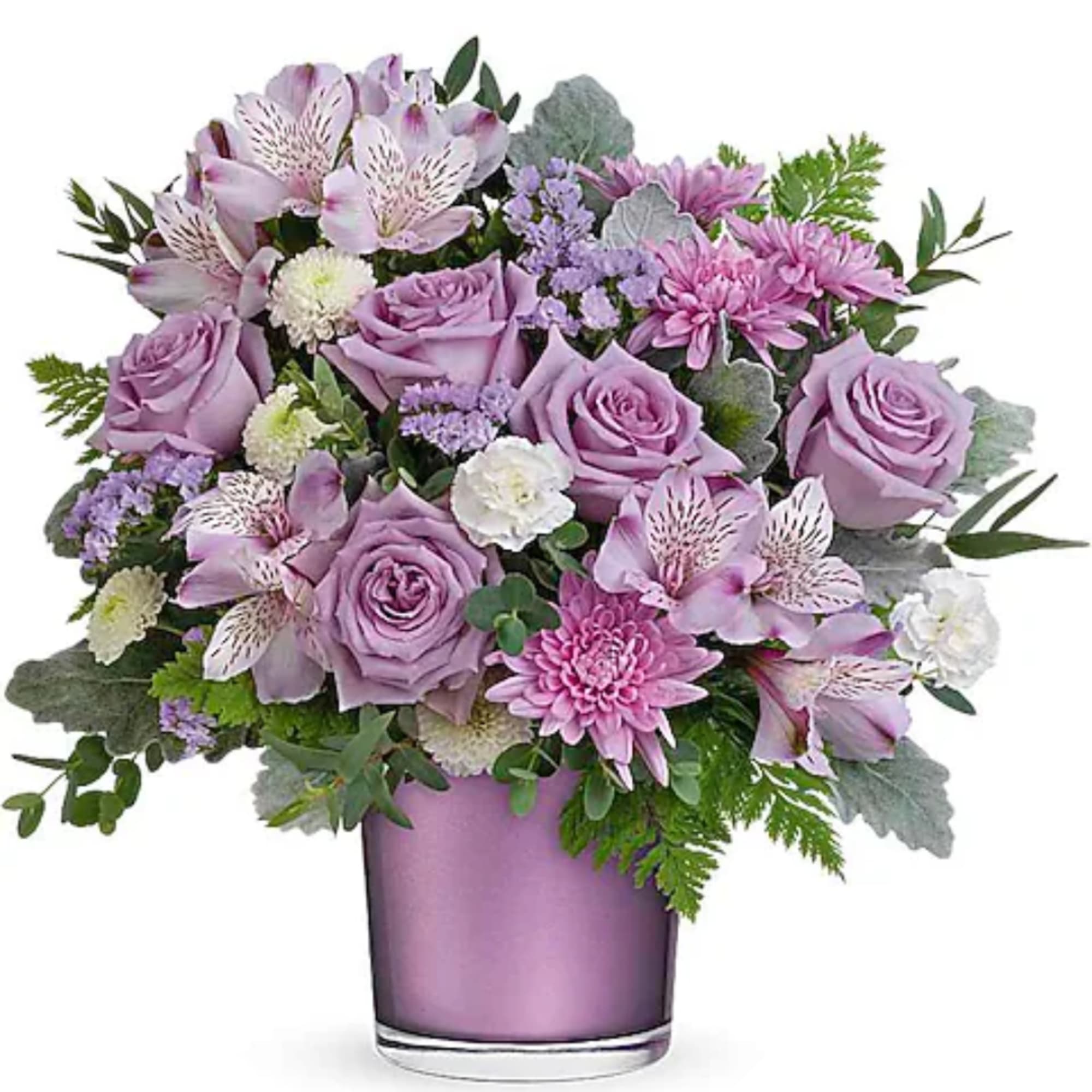 Experience the enchantment of blooms delivered! Purple roses in a polished gem