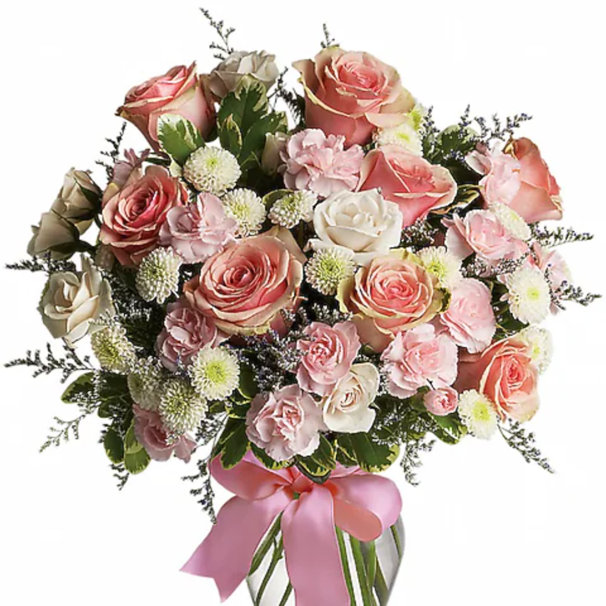 Pink and white rose bouquet with a pink ribbon bow