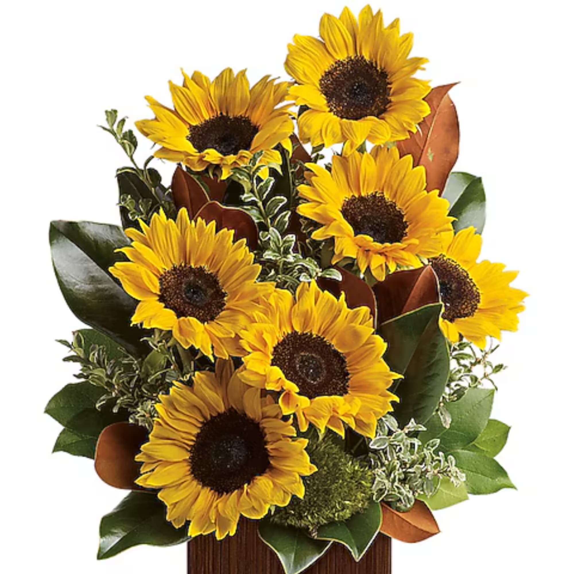 Bouquet of yellow sunflowers with mixed greenery in a container