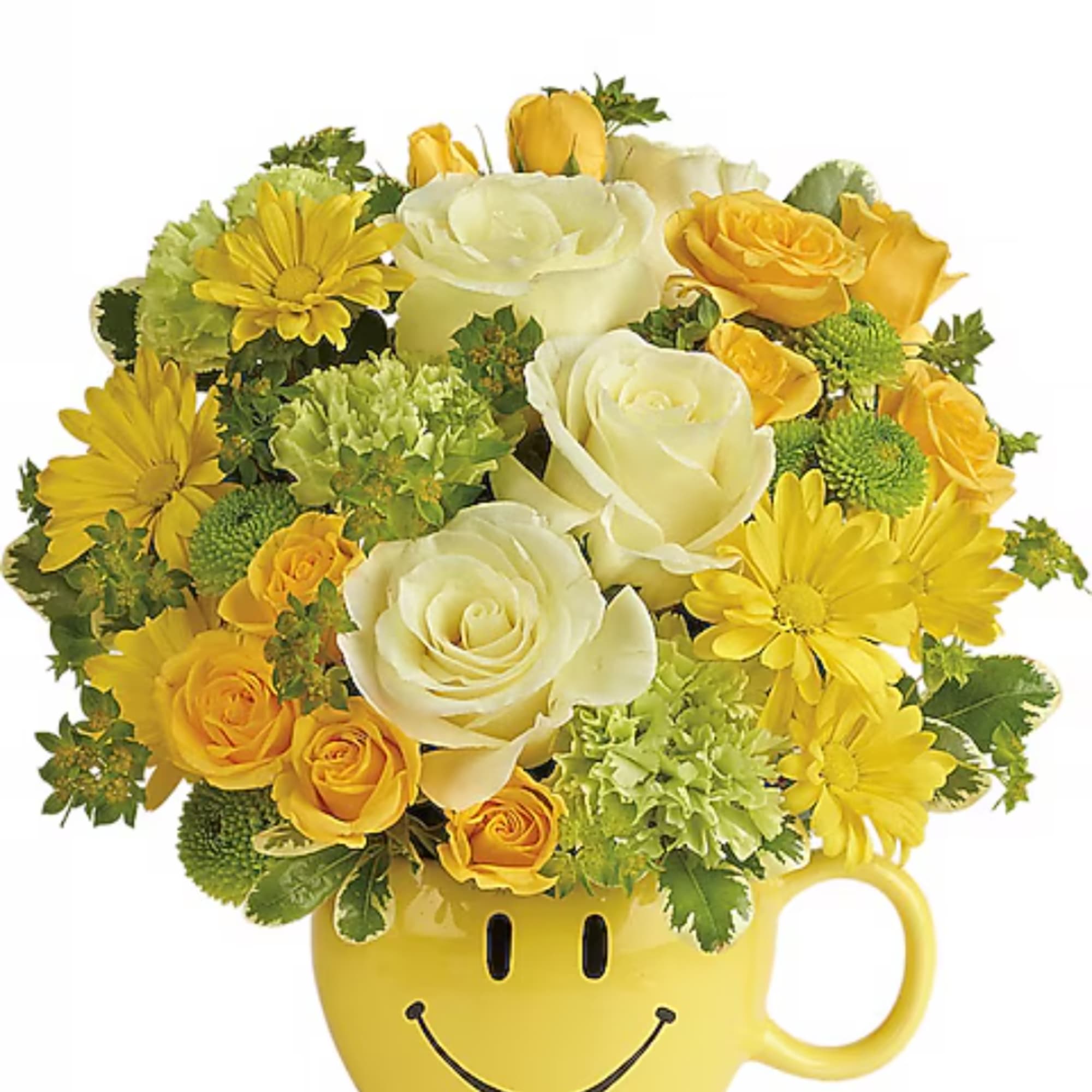 Yellow and white flower arrangement in a smiley-face mug