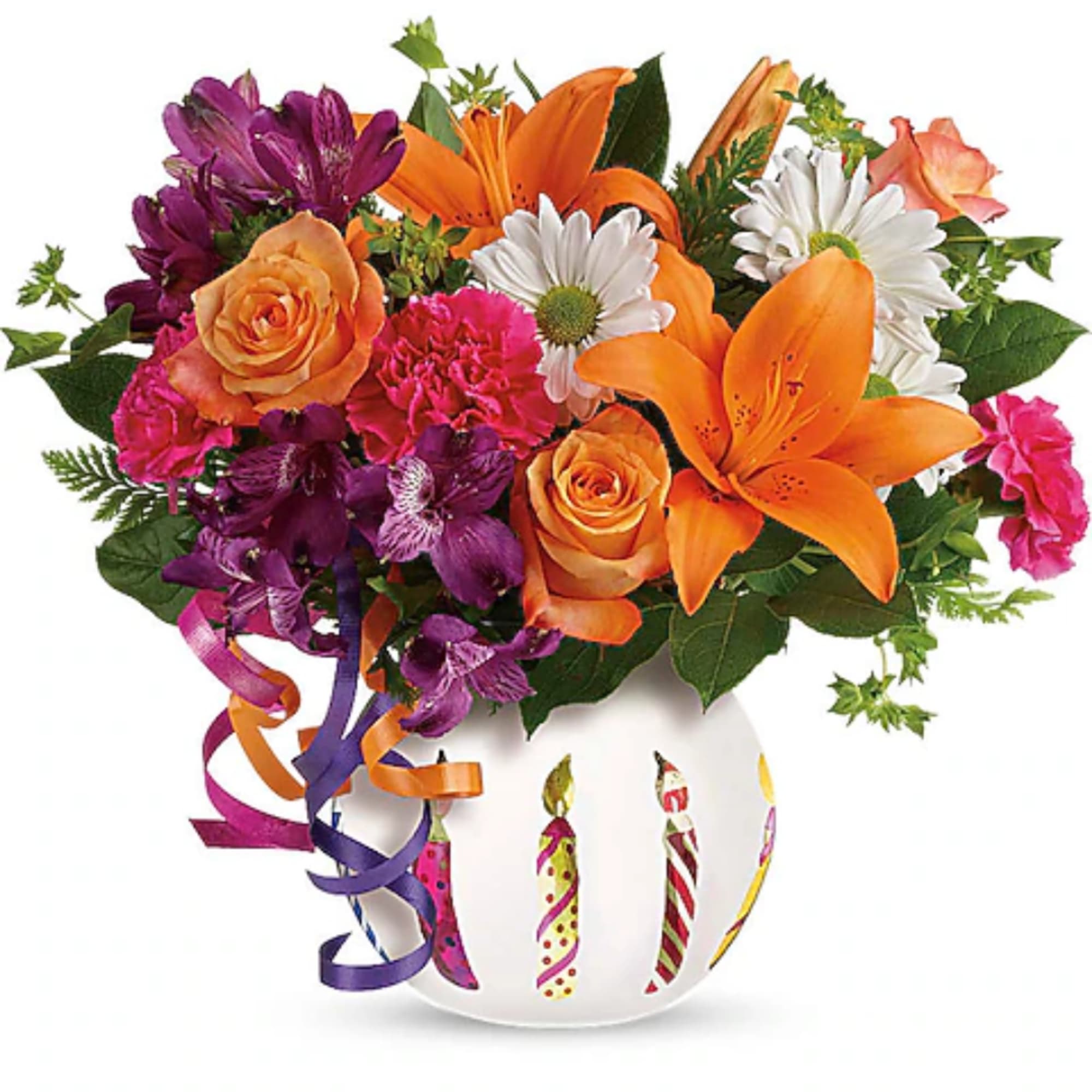 Colorful bouquet in a white vase with candle designs