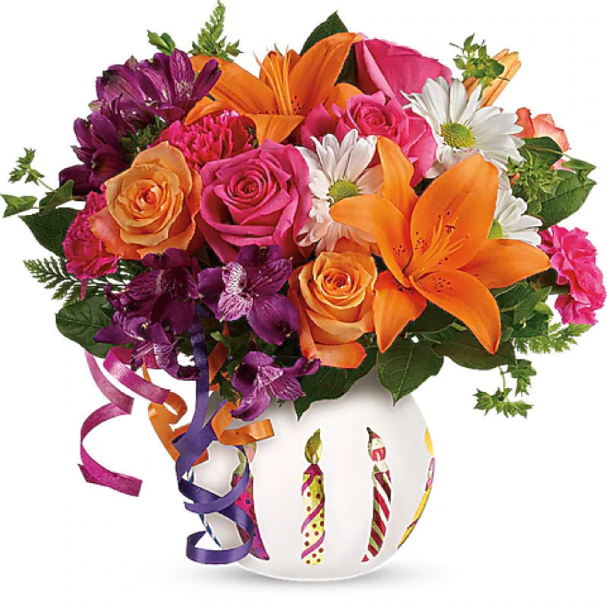 Bright mixed bouquet in a white vase with ribbon curls
