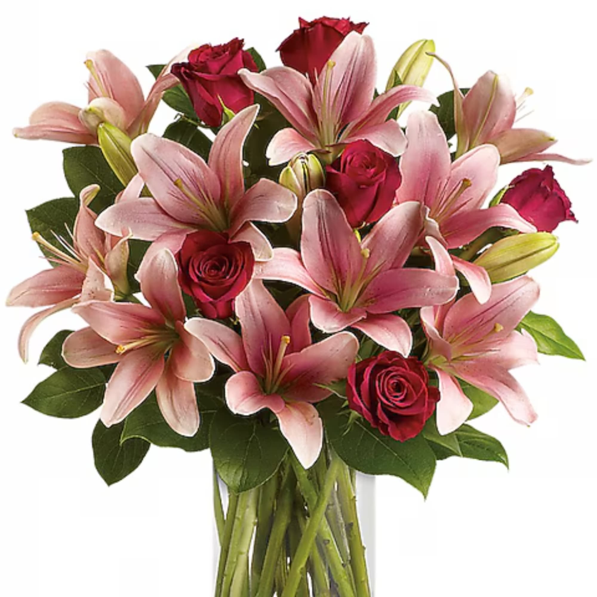 Bouquet of pink lilies and red roses with greenery
