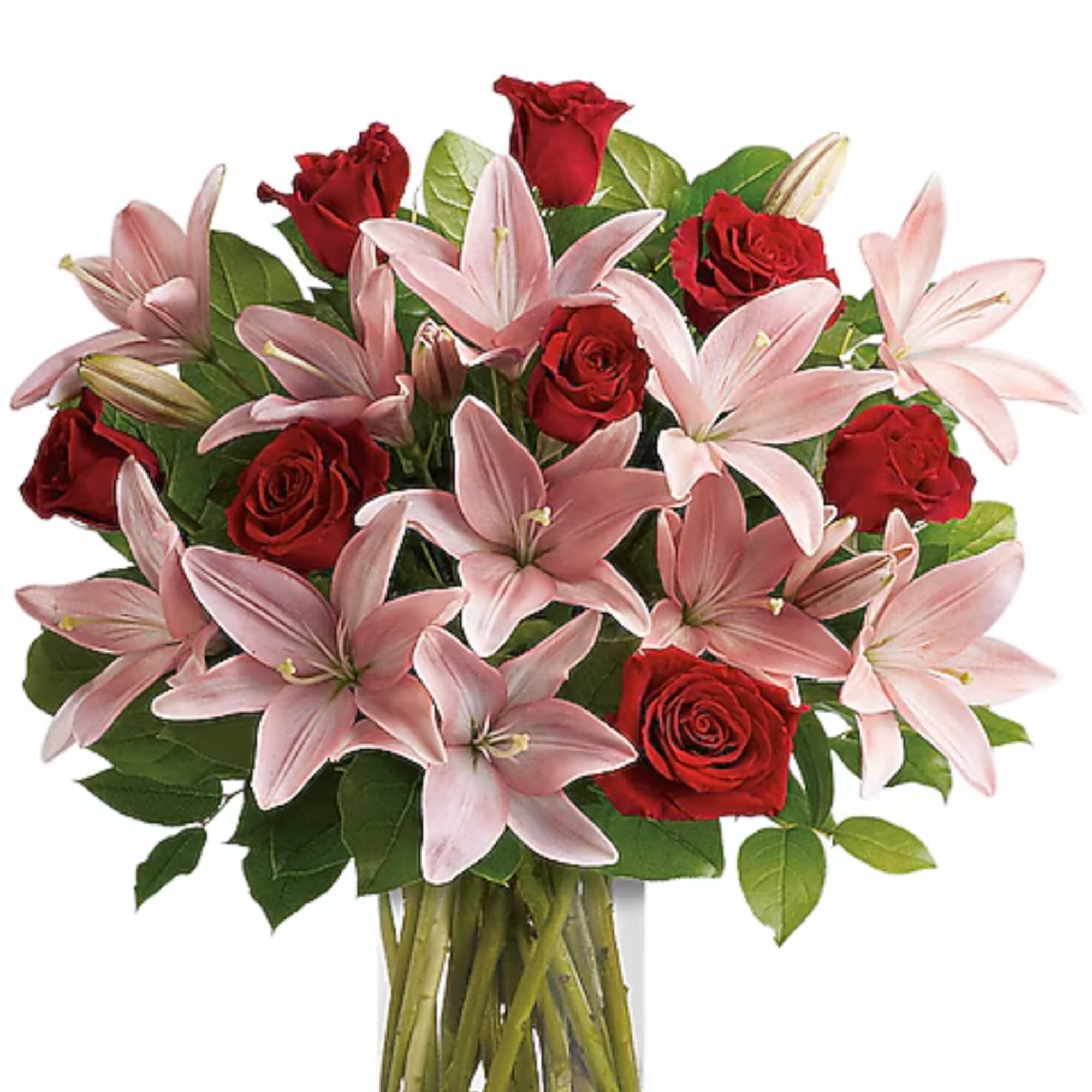 Bouquet of pink lilies and red roses