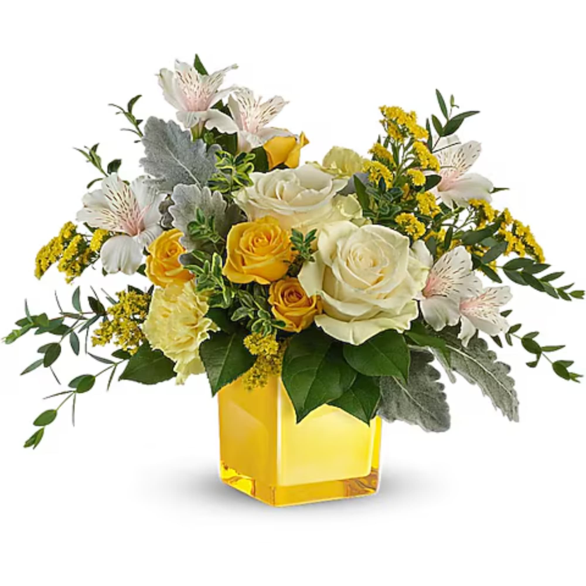 Yellow and white rose bouquet in a square glass vase