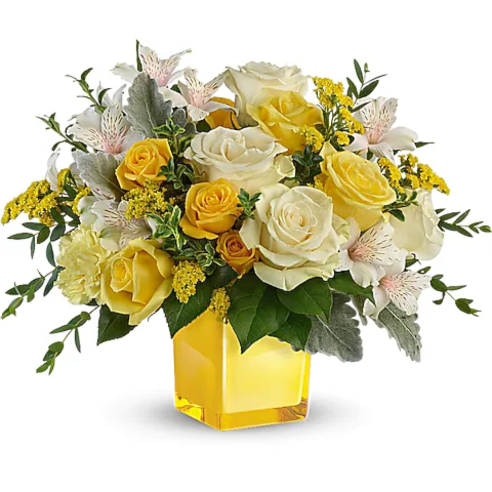 Yellow and white rose bouquet in a square glass vase